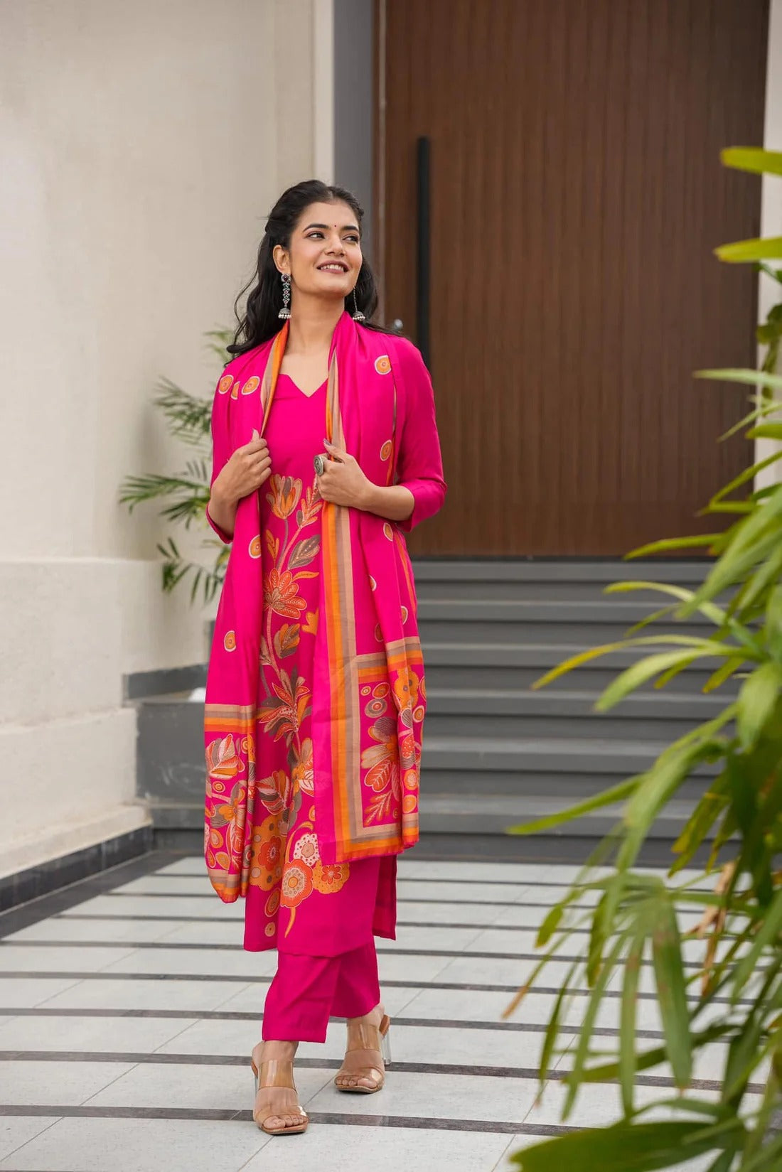 Elegant Pink Floral Printed French Crepe Kurti Set with Dupatta | Stylish Ethnic Wear for Women (S–XXL)