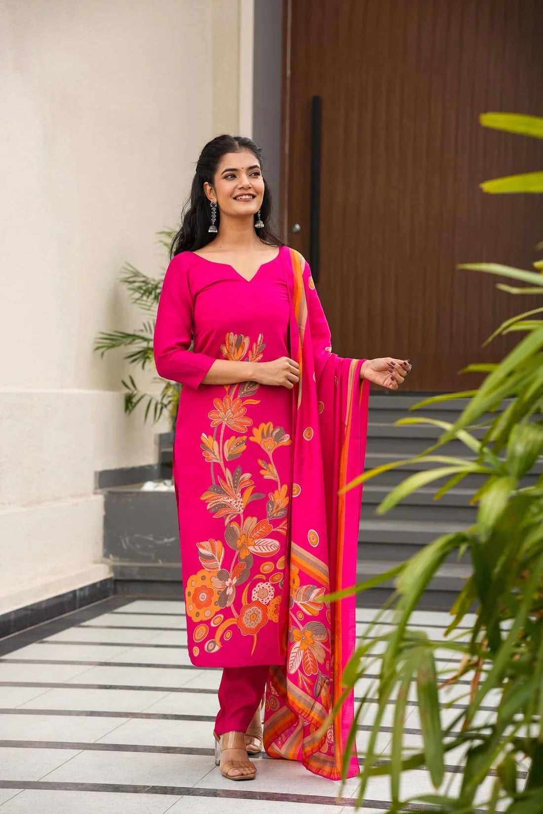 Elegant Pink Floral Printed French Crepe Kurti Set with Dupatta | Stylish Ethnic Wear for Women (S–XXL)