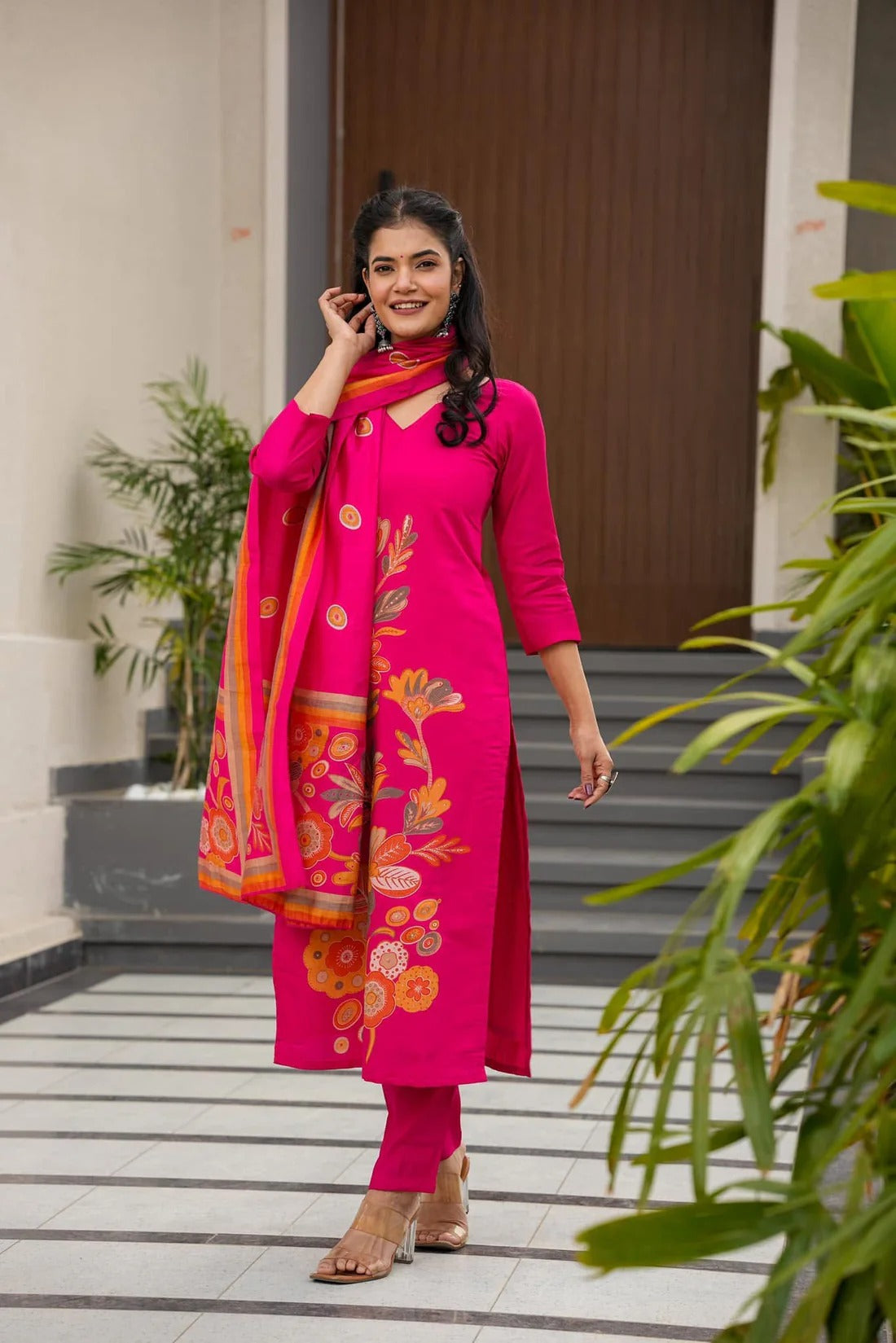 Elegant Pink Floral Printed French Crepe Kurti Set with Dupatta | Stylish Ethnic Wear for Women (S–XXL)
