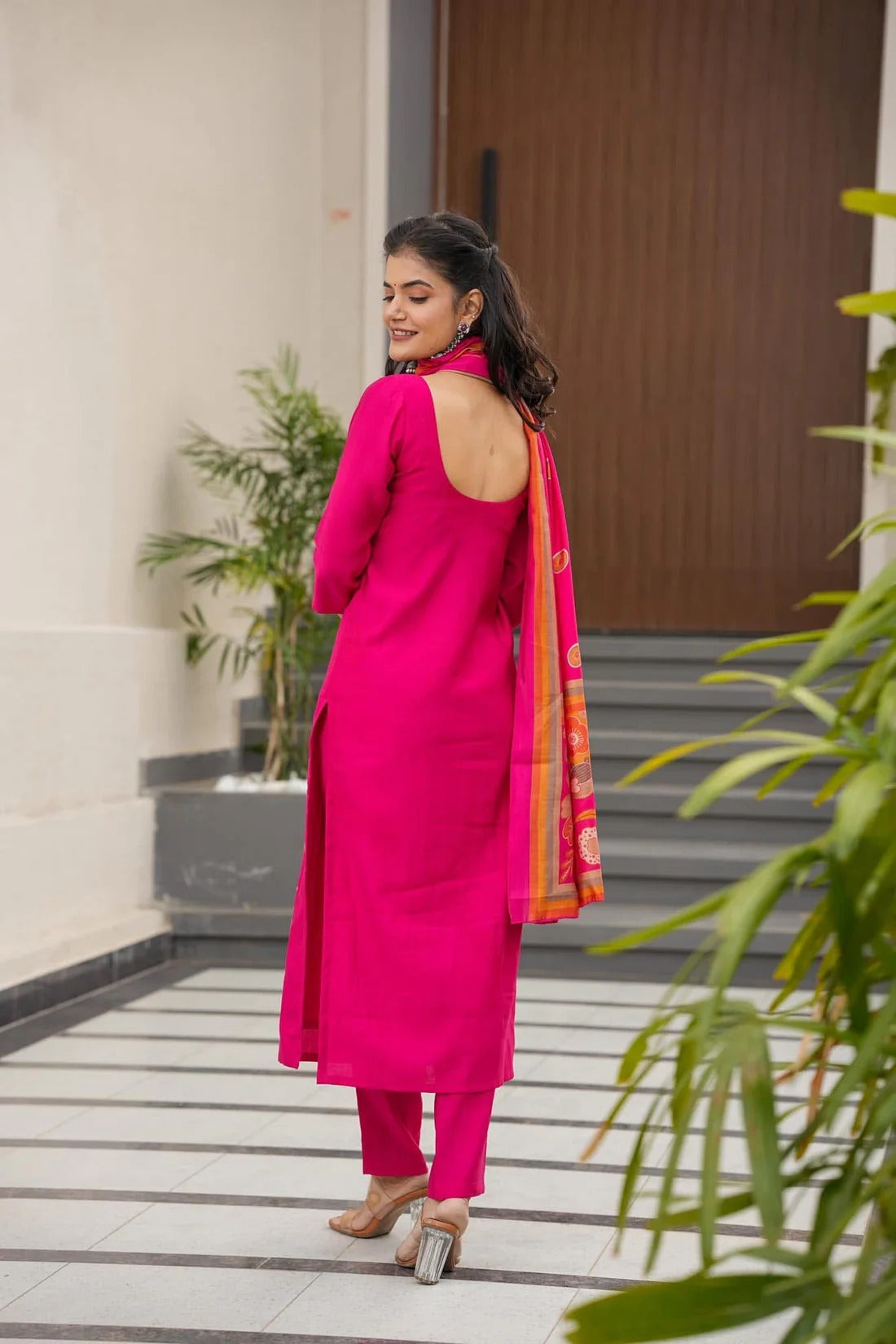 Elegant Pink Floral Printed French Crepe Kurti Set with Dupatta | Stylish Ethnic Wear for Women (S–XXL)