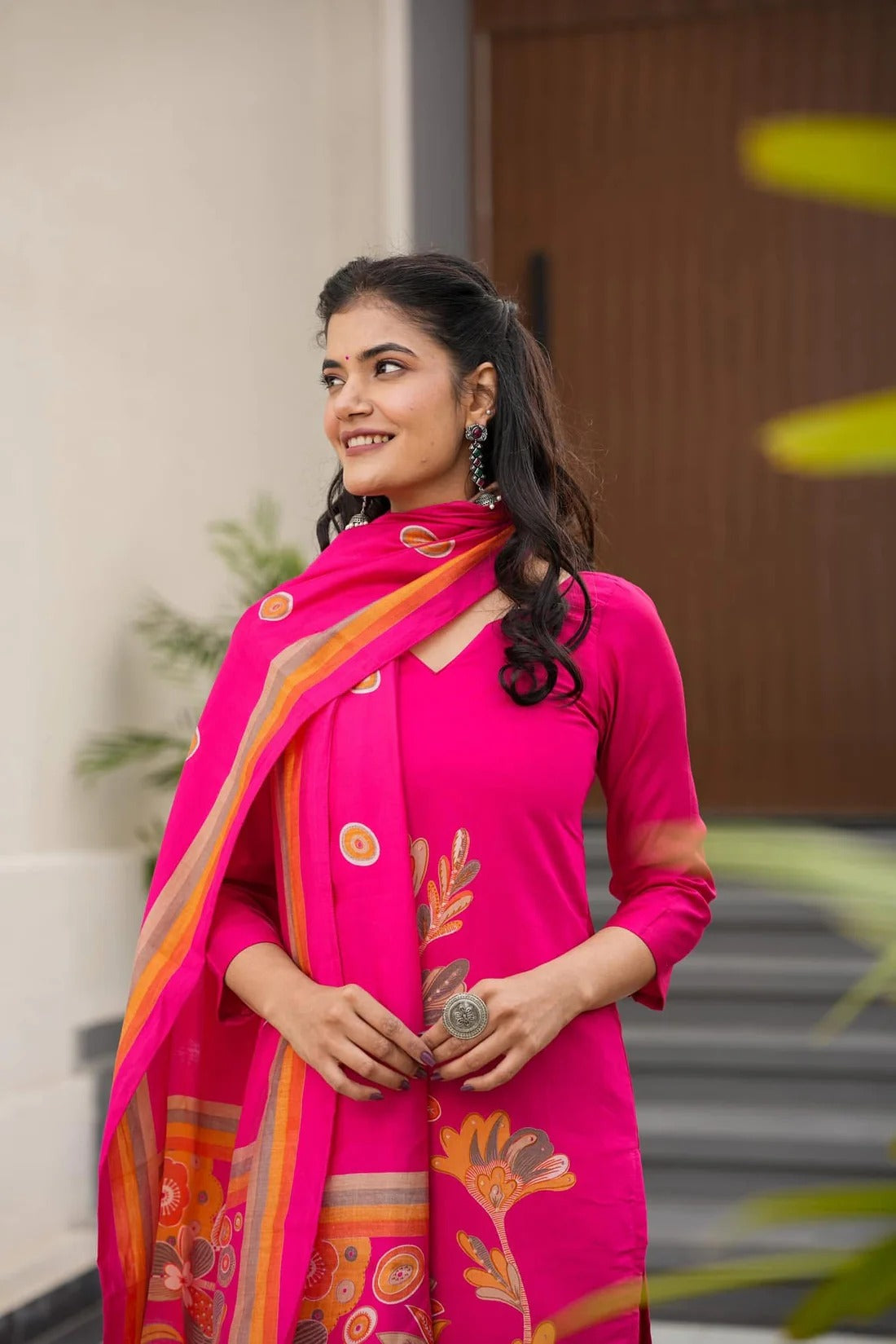 Elegant Pink Floral Printed French Crepe Kurti Set with Dupatta | Stylish Ethnic Wear for Women (S–XXL)