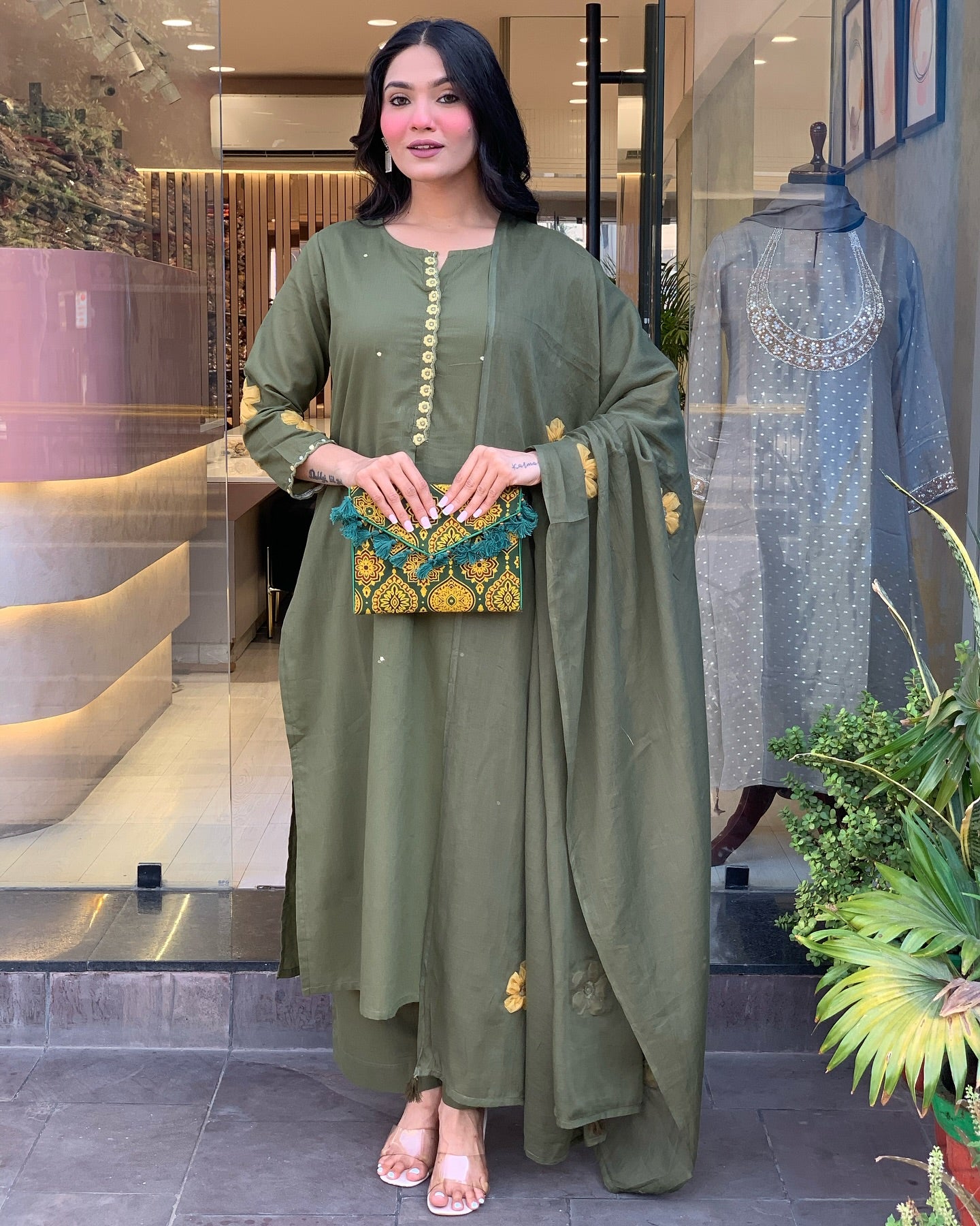 Elegant Olive Green Chanderi Silk Embroidered Kurti Set with Dupatta