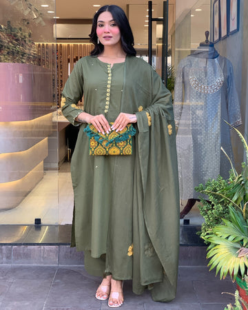 Elegant Olive Green Chanderi Silk Embroidered Kurti Set with Dupatta