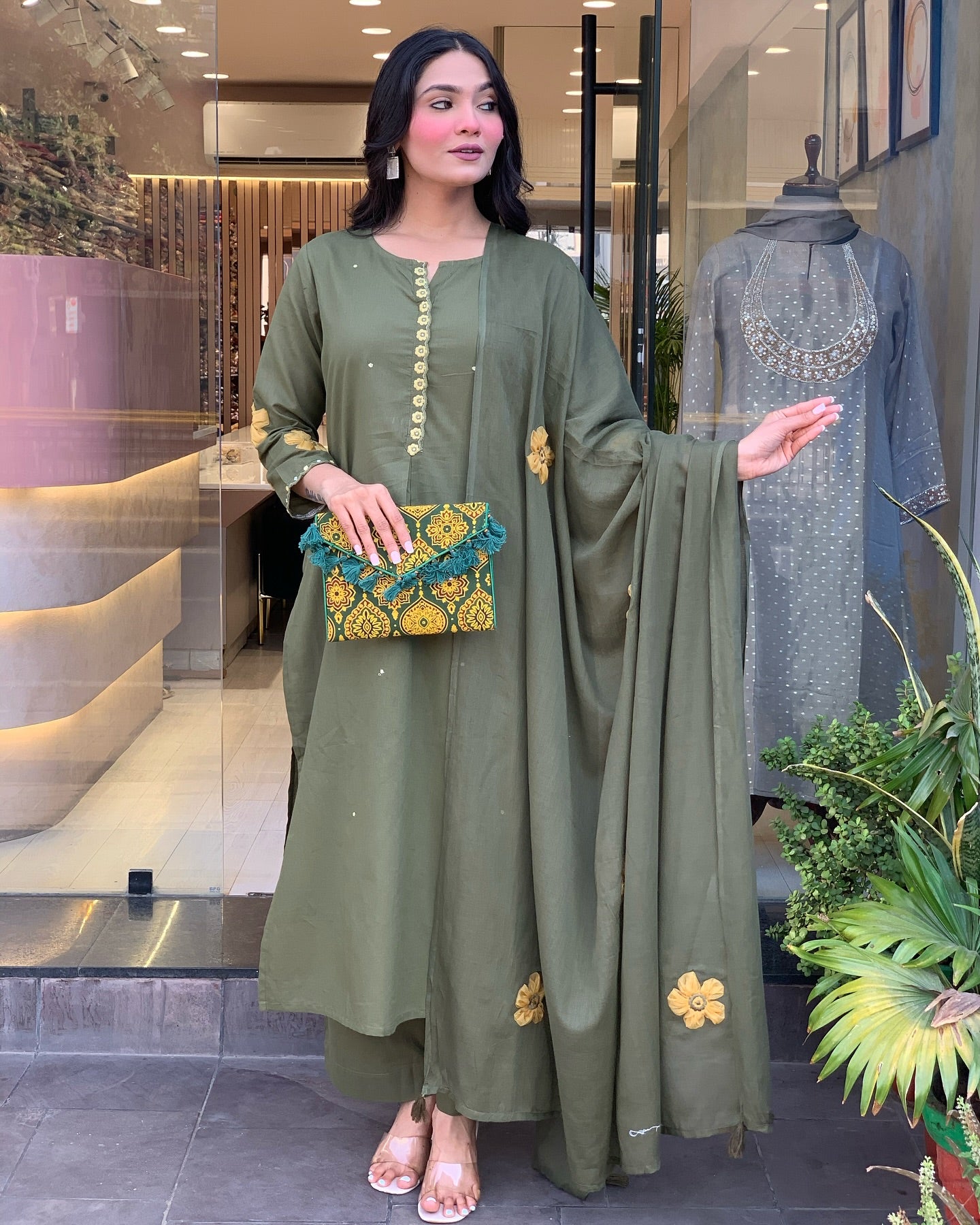 Elegant Olive Green Chanderi Silk Embroidered Kurti Set with Dupatta