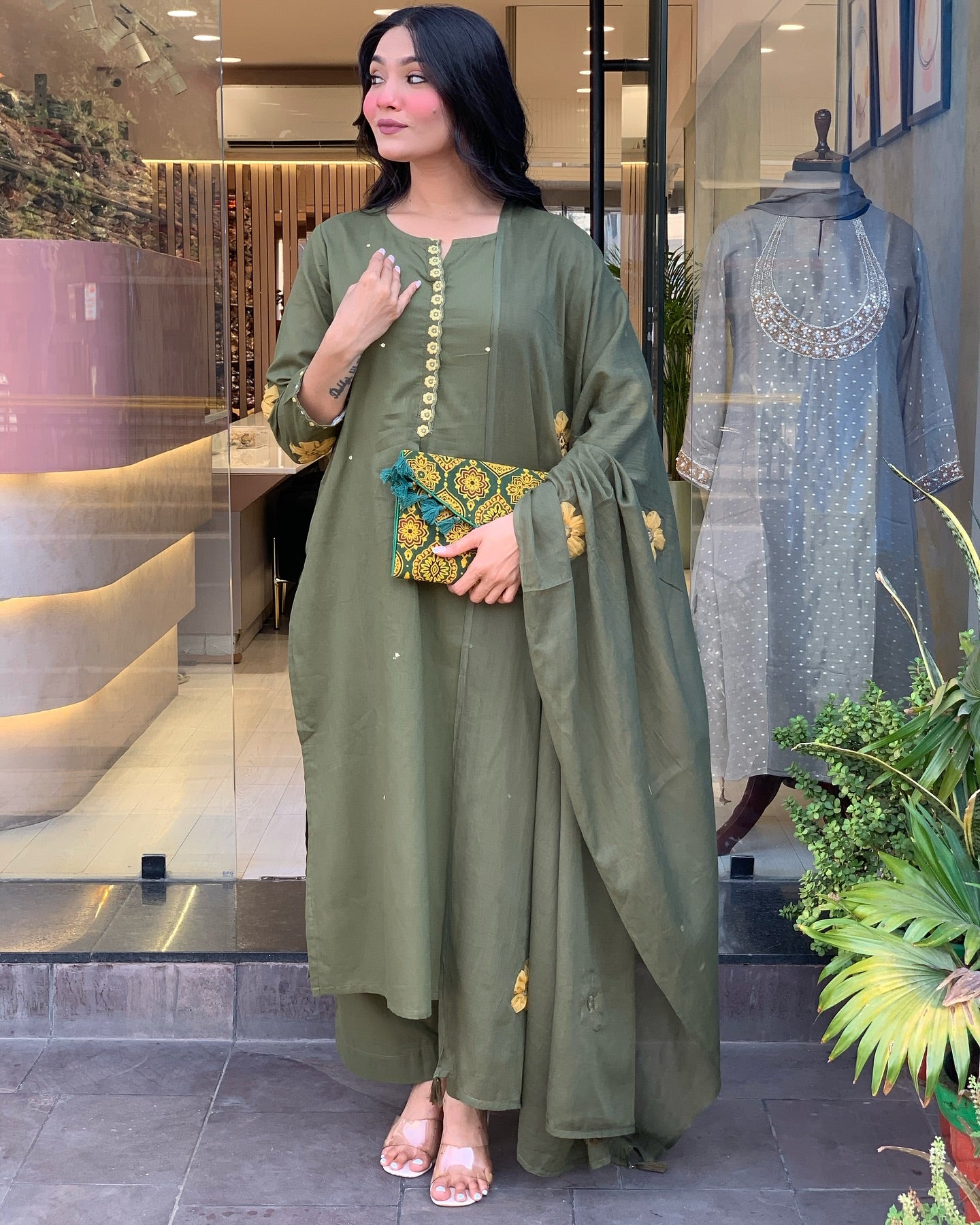 Elegant Olive Green Chanderi Silk Embroidered Kurti Set with Dupatta