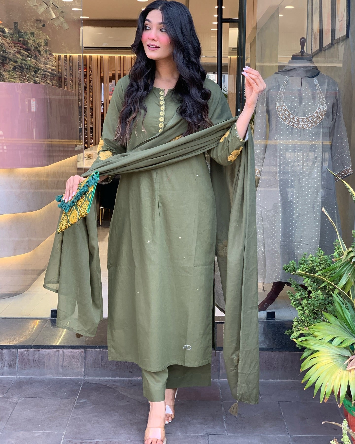 Elegant Olive Green Chanderi Silk Embroidered Kurti Set with Dupatta