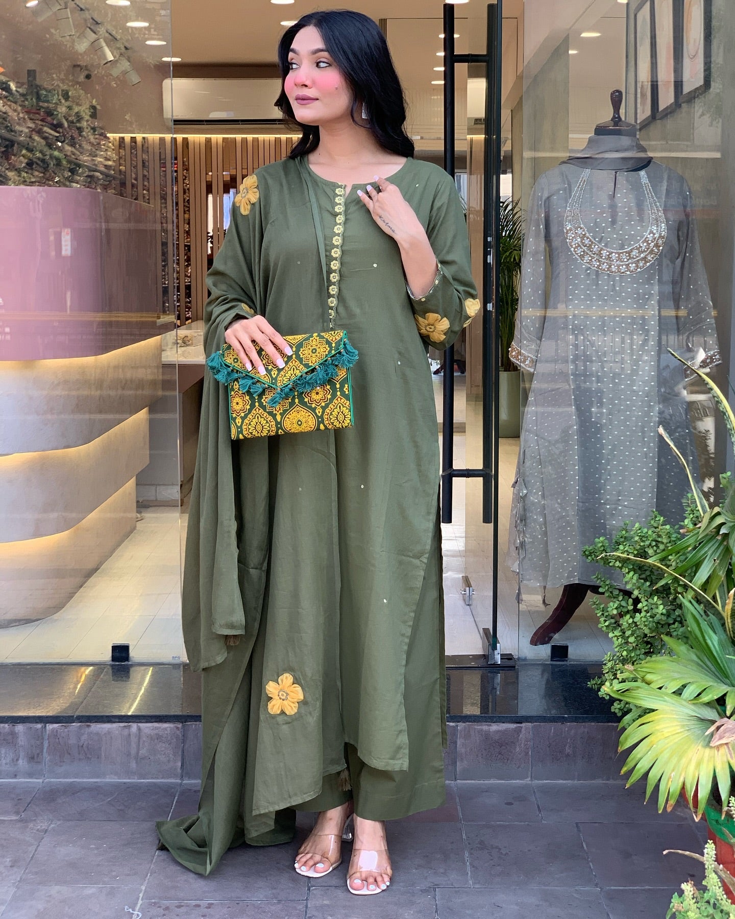 Elegant Olive Green Chanderi Silk Embroidered Kurti Set with Dupatta
