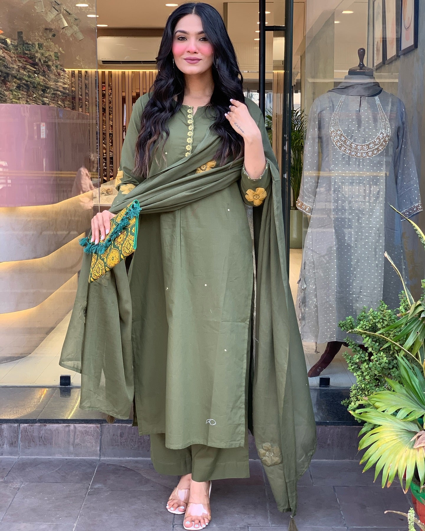 Elegant Olive Green Chanderi Silk Embroidered Kurti Set with Dupatta