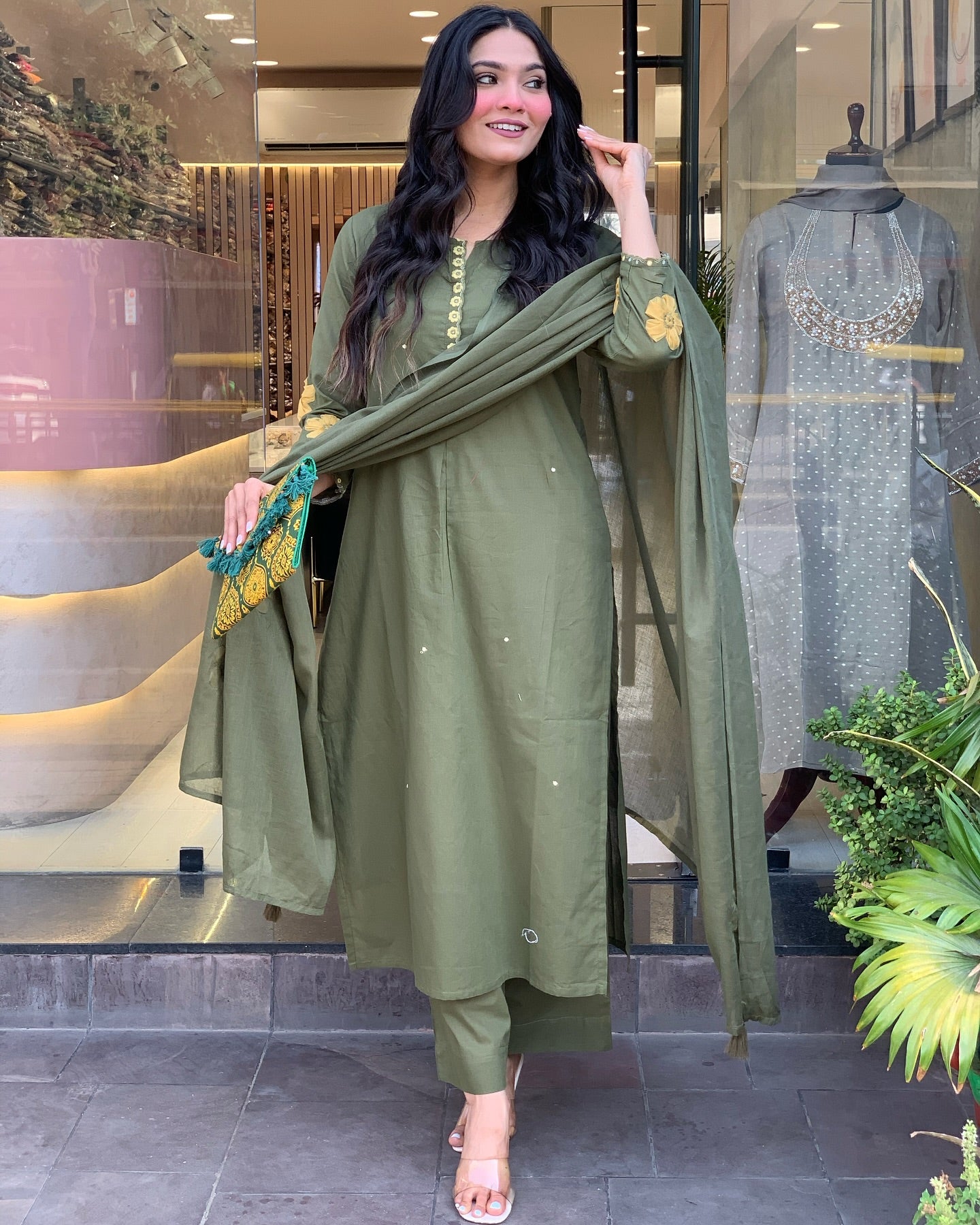 Elegant Olive Green Chanderi Silk Embroidered Kurti Set with Dupatta