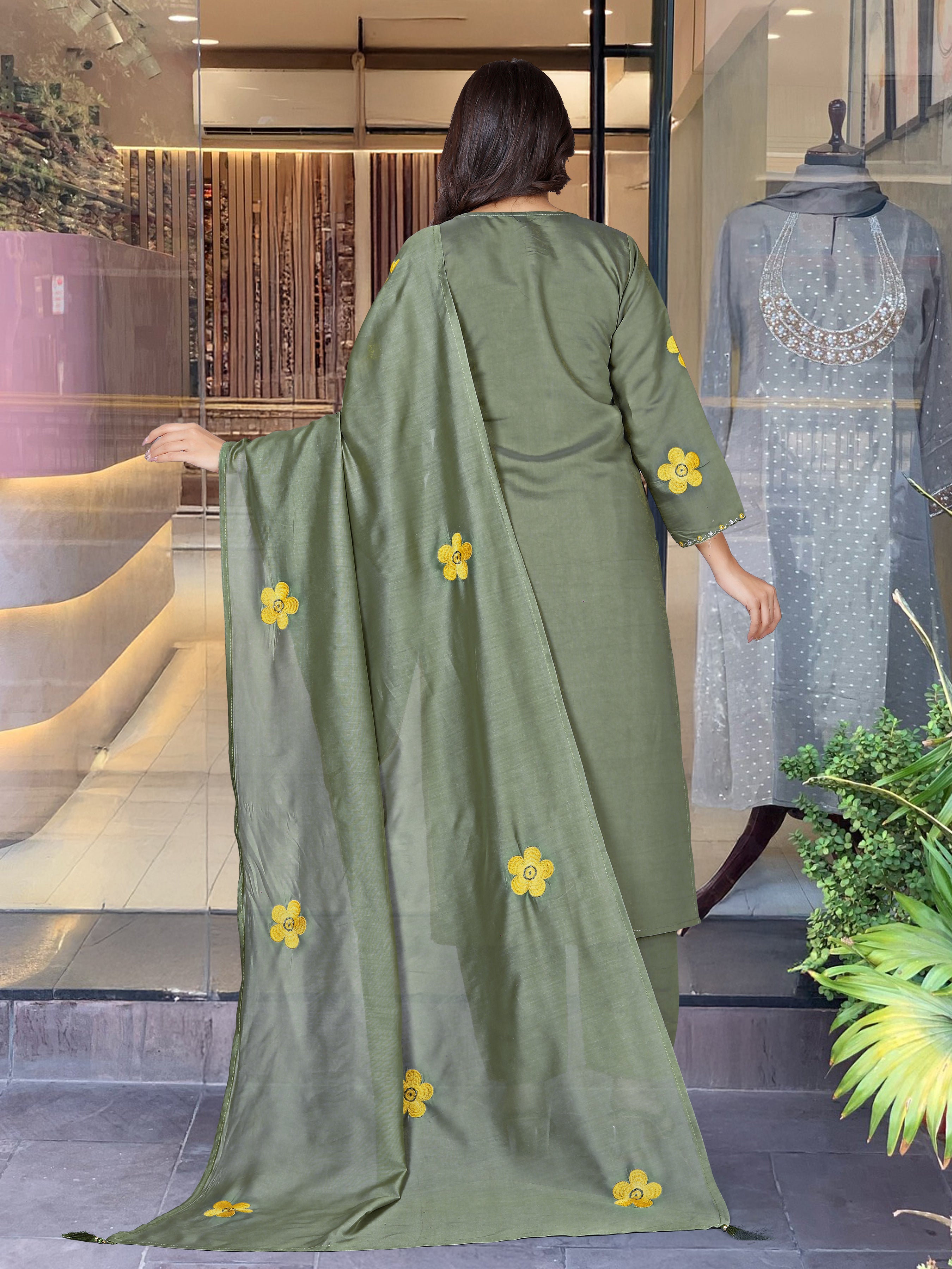 Elegant Olive Green Chanderi Silk Embroidered Kurti Set with Dupatta