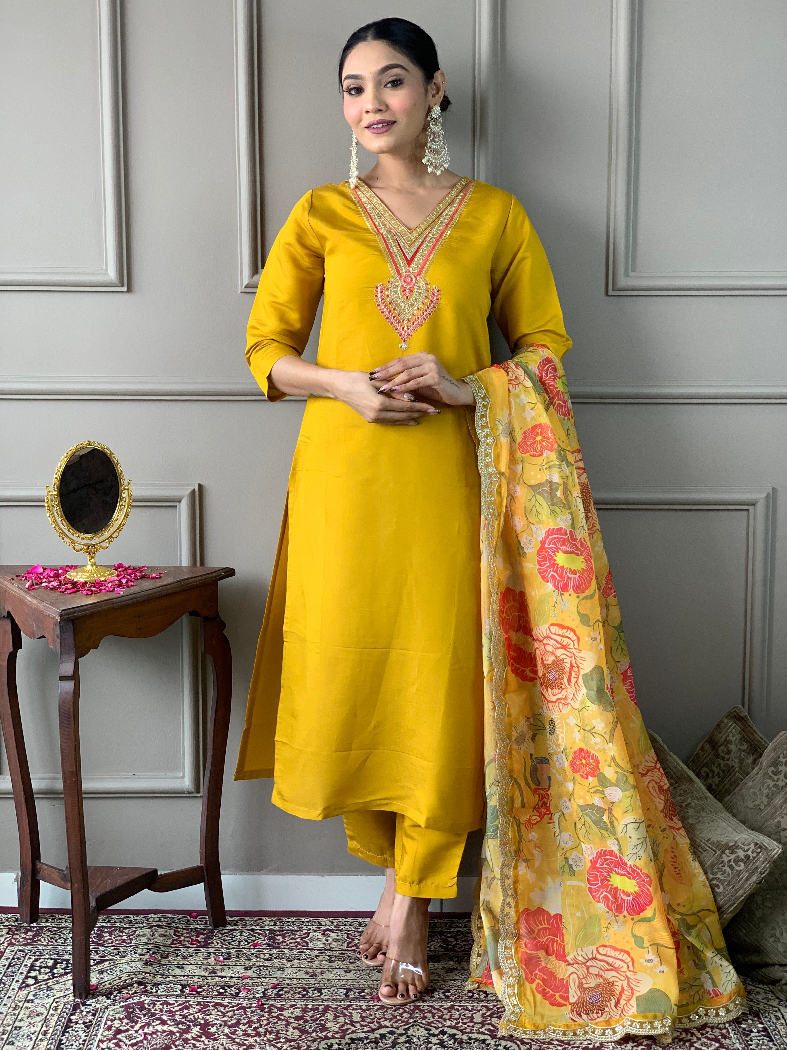 Elegant Mustard Yellow Chanderi Kurti Set with Embroidery & Floral Organza Dupatta