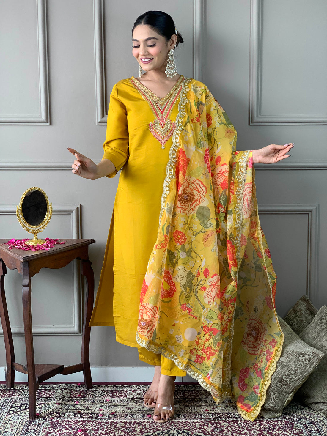Elegant Mustard Yellow Chanderi Kurti Set with Embroidery & Floral Organza Dupatta
