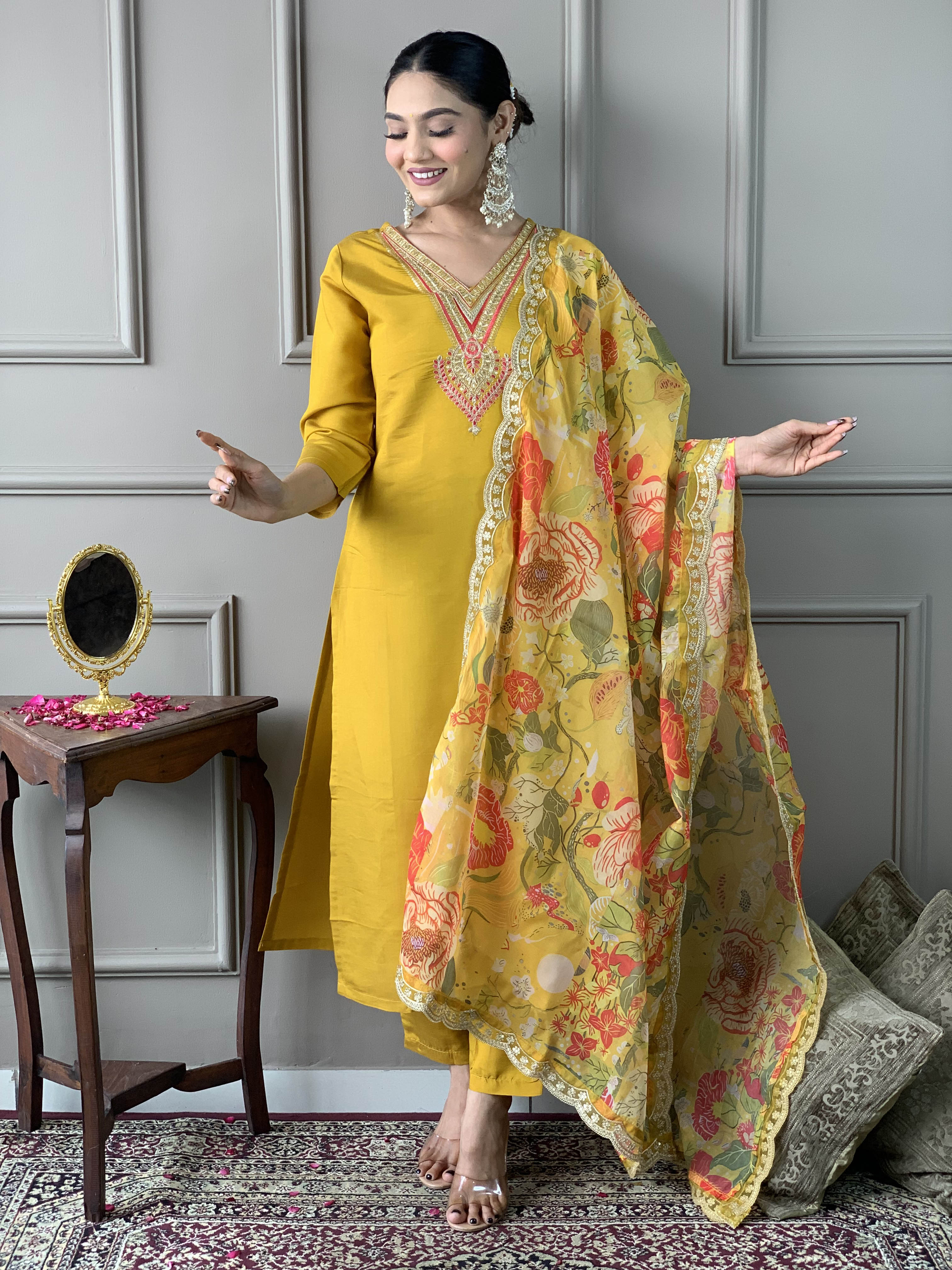 Elegant Mustard Yellow Chanderi Kurti Set with Embroidery & Floral Organza Dupatta