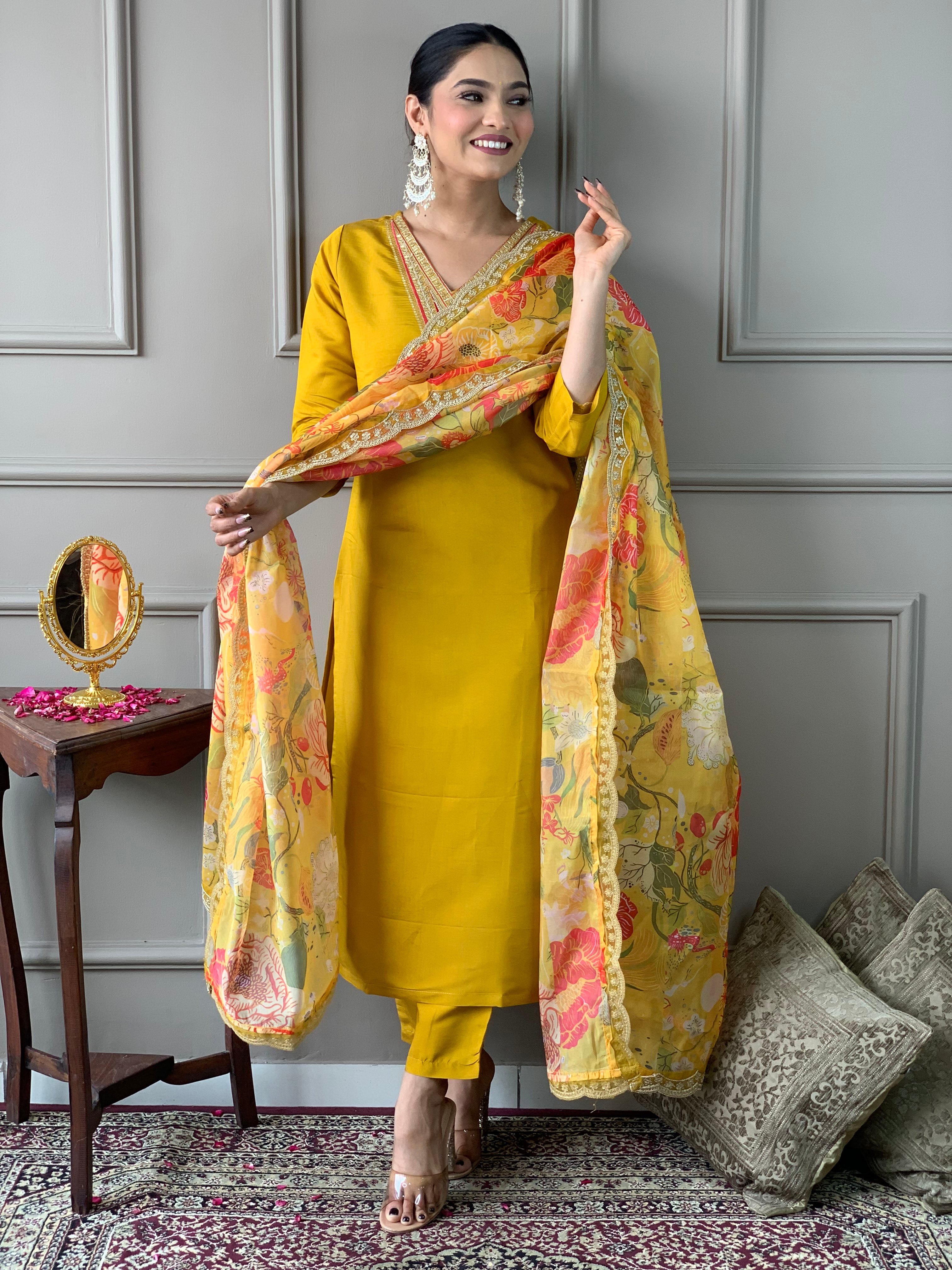 Elegant Mustard Yellow Chanderi Kurti Set with Embroidery & Floral Organza Dupatta