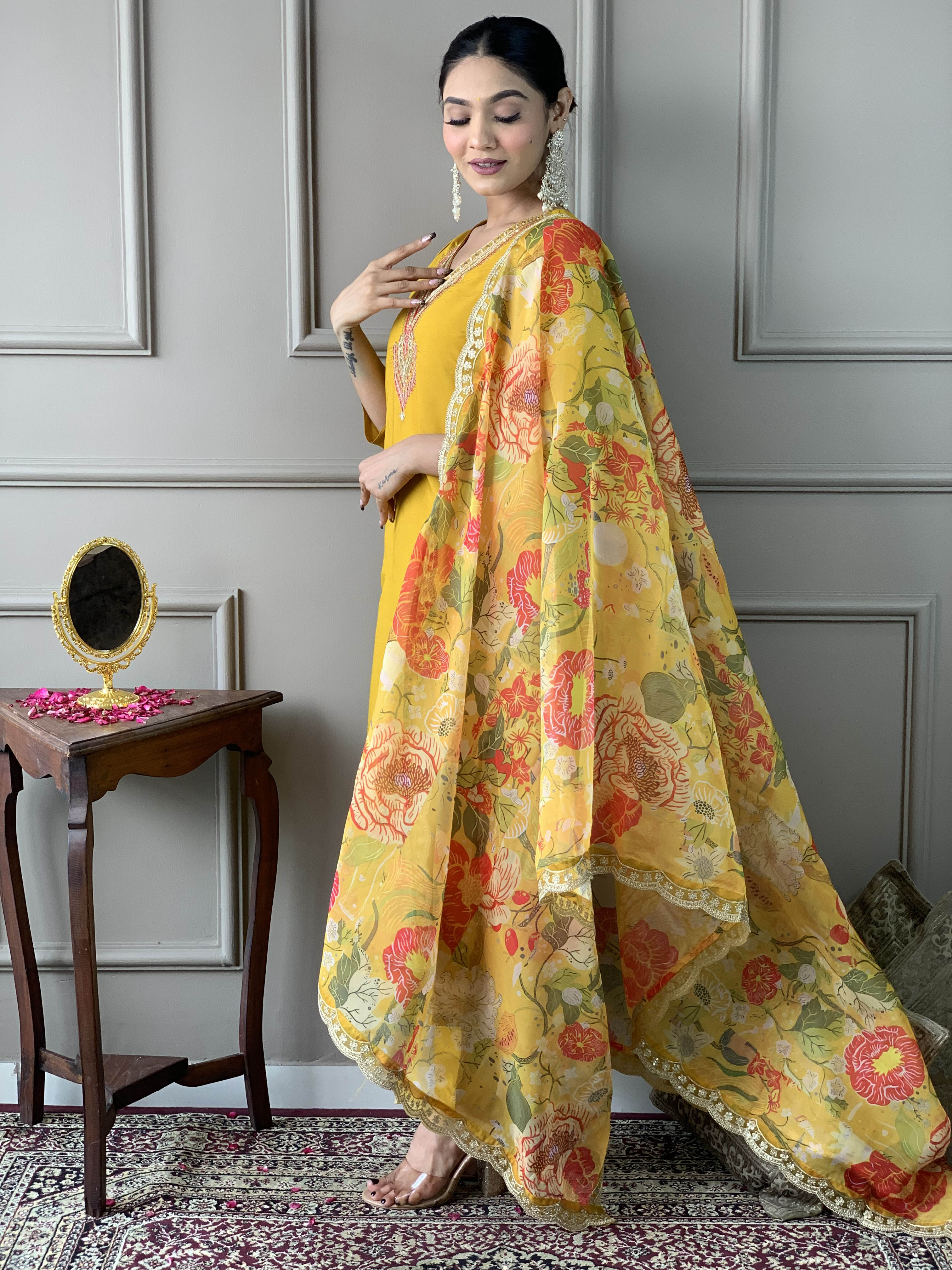 Elegant Mustard Yellow Chanderi Kurti Set with Embroidery & Floral Organza Dupatta