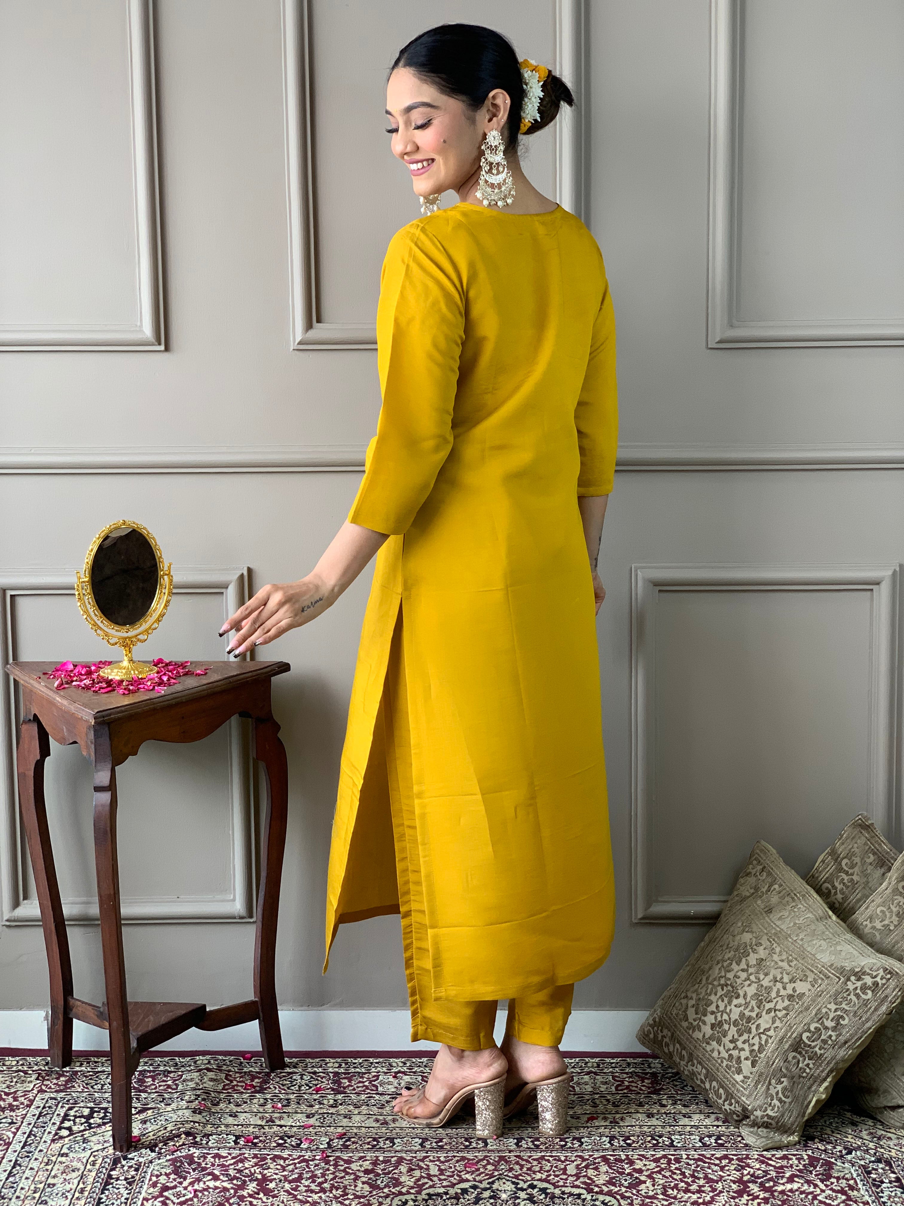 Elegant Mustard Yellow Chanderi Kurti Set with Embroidery & Floral Organza Dupatta