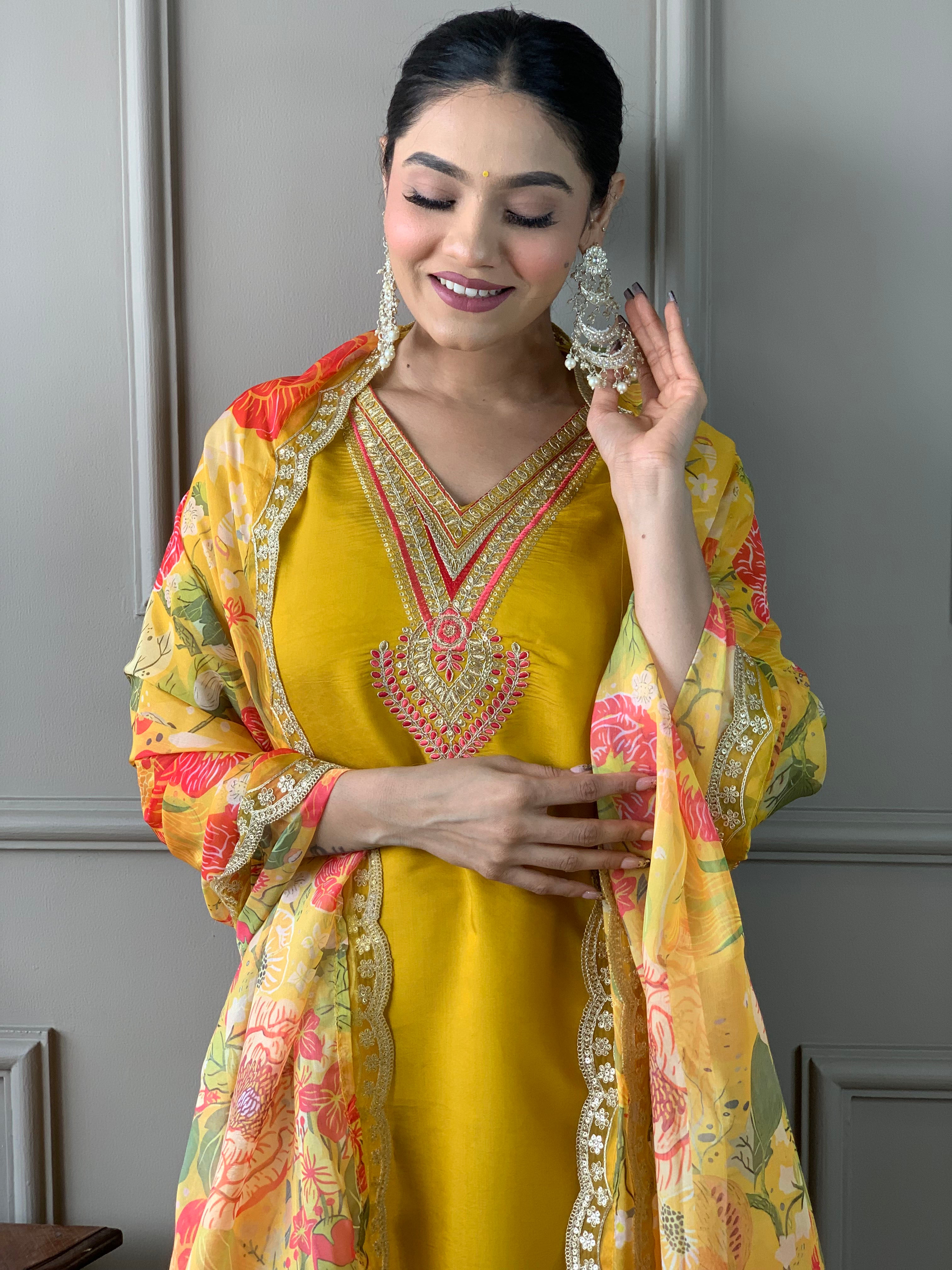 Elegant Mustard Yellow Chanderi Kurti Set with Embroidery & Floral Organza Dupatta