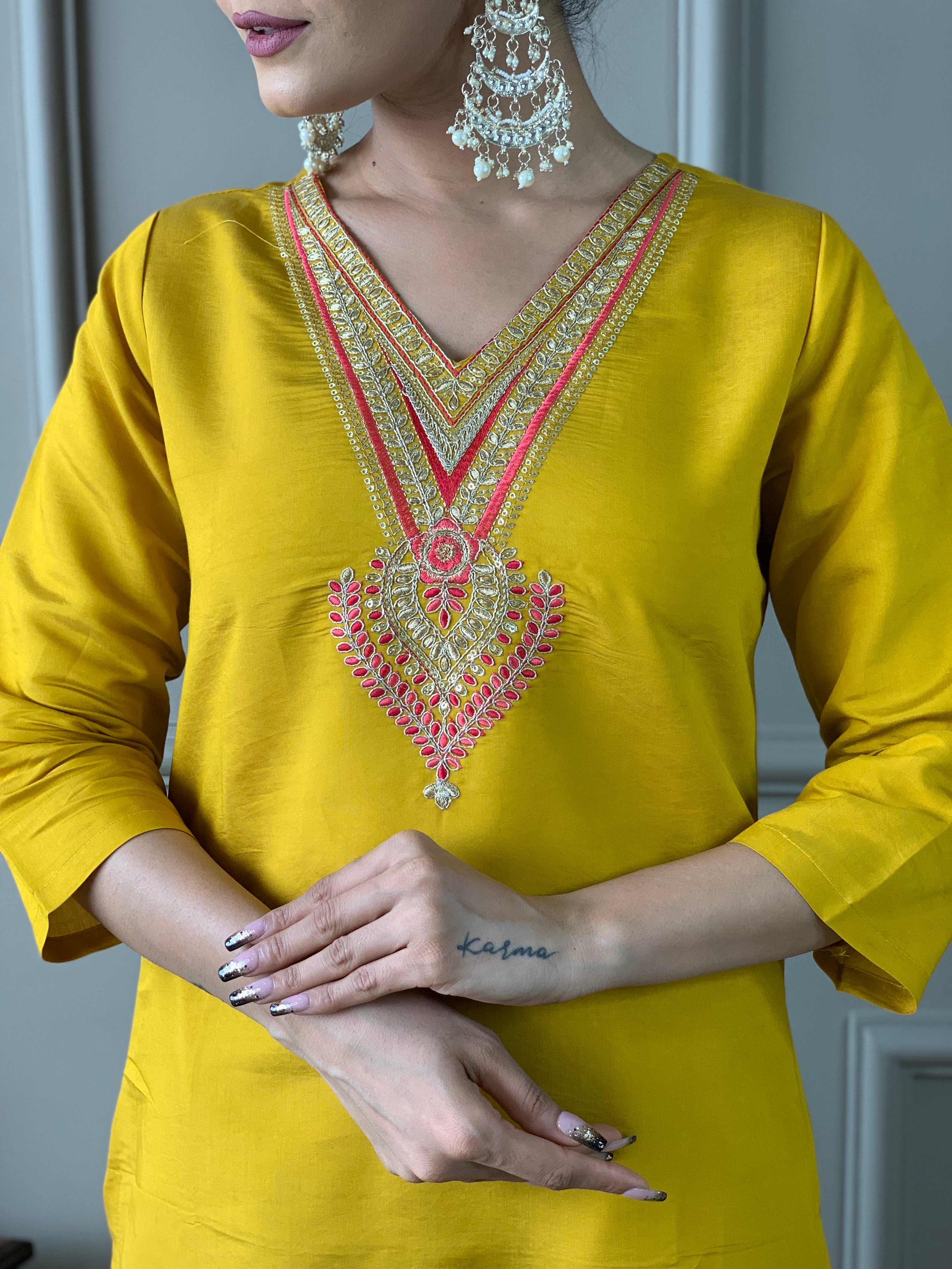 Elegant Mustard Yellow Chanderi Kurti Set with Embroidery & Floral Organza Dupatta