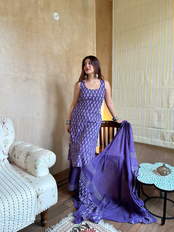 Elegant Purple Rayon Slub Kurti Set with Chanderi Cotton Dupatta | Traditional White Motif Print | 3-Piece Ethnic Set (S–XXL)