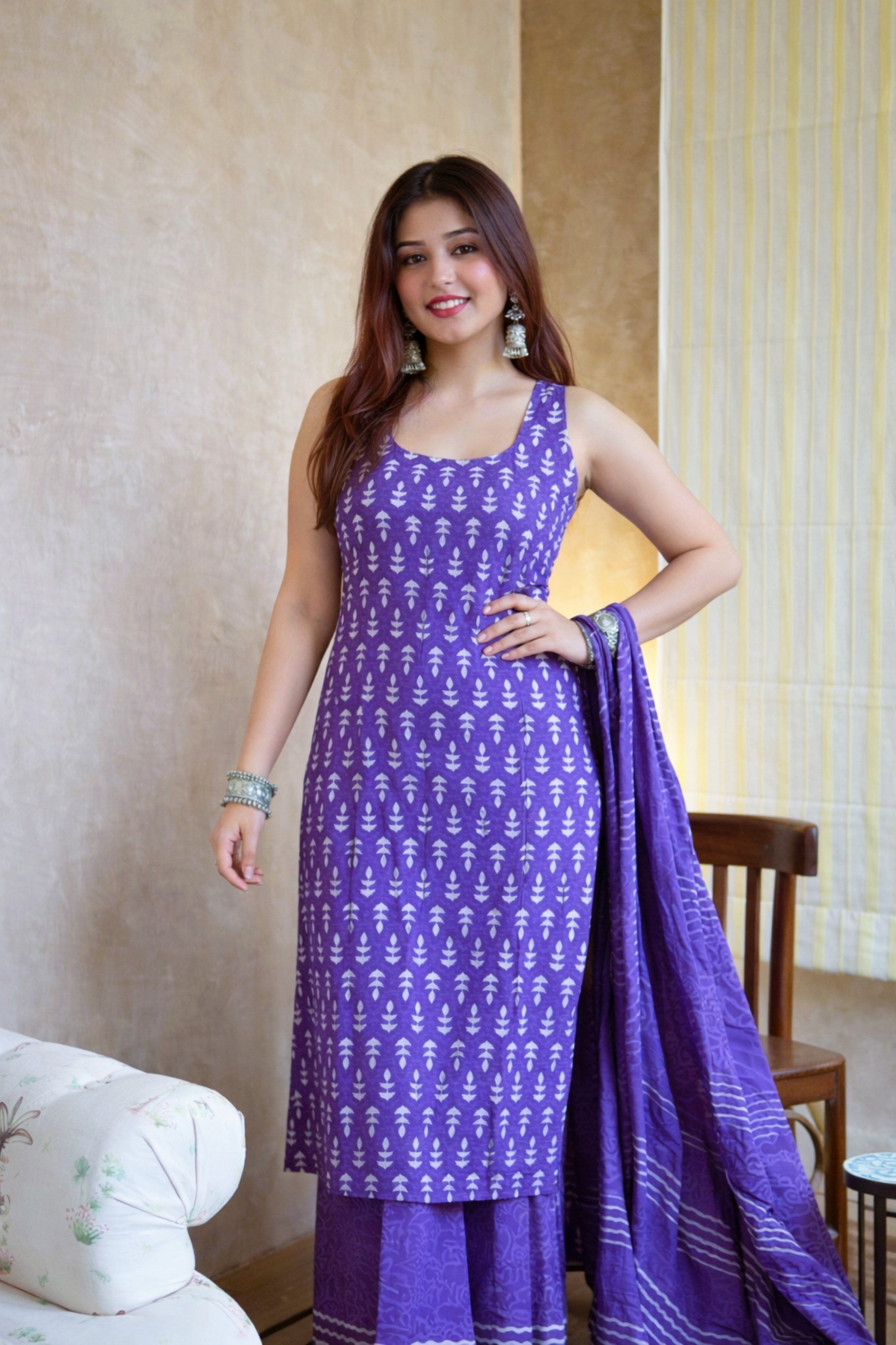 Elegant Purple Rayon Slub Kurti Set with Chanderi Cotton Dupatta | Traditional White Motif Print | 3-Piece Ethnic Set (S–XXL)