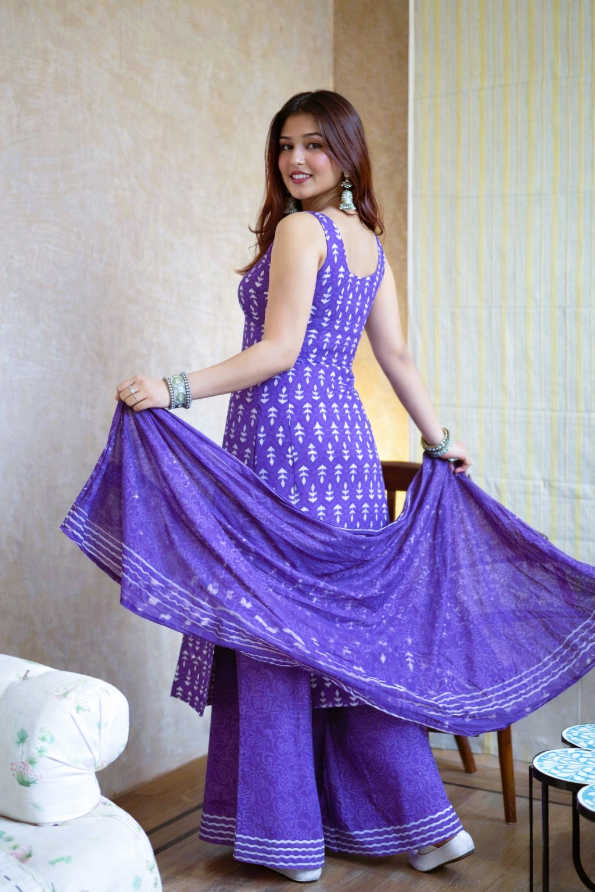 Elegant Purple Rayon Slub Kurti Set with Chanderi Cotton Dupatta | Traditional White Motif Print | 3-Piece Ethnic Set (S–XXL)