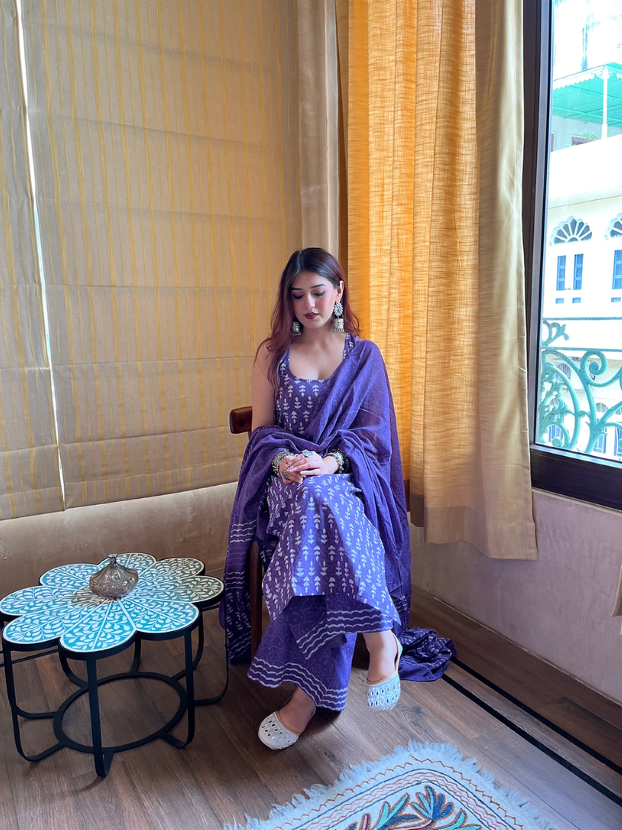 Elegant Purple Rayon Slub Kurti Set with Chanderi Cotton Dupatta | Traditional White Motif Print | 3-Piece Ethnic Set (S–XXL)