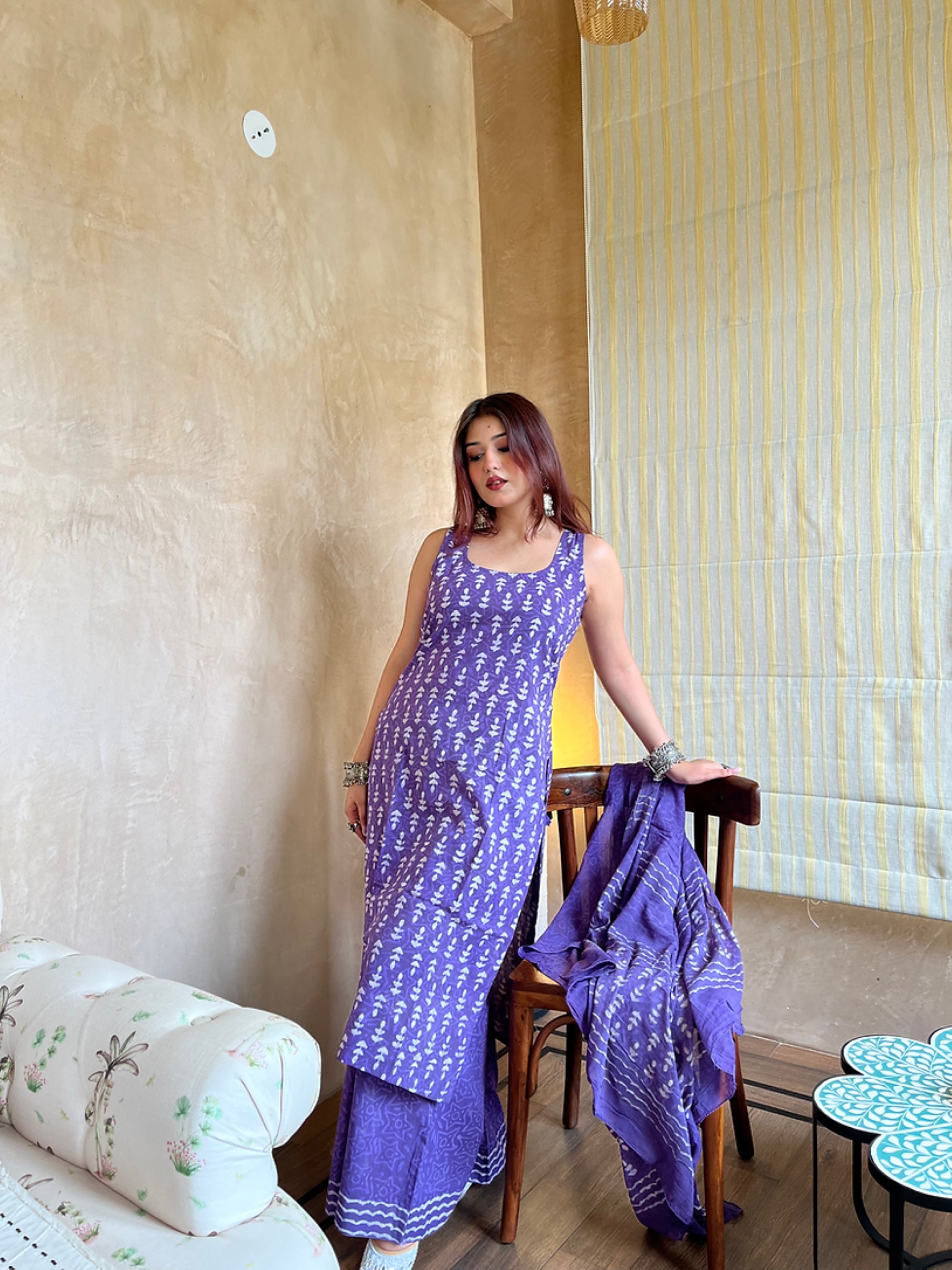 Elegant Purple Rayon Slub Kurti Set with Chanderi Cotton Dupatta | Traditional White Motif Print | 3-Piece Ethnic Set (S–XXL)