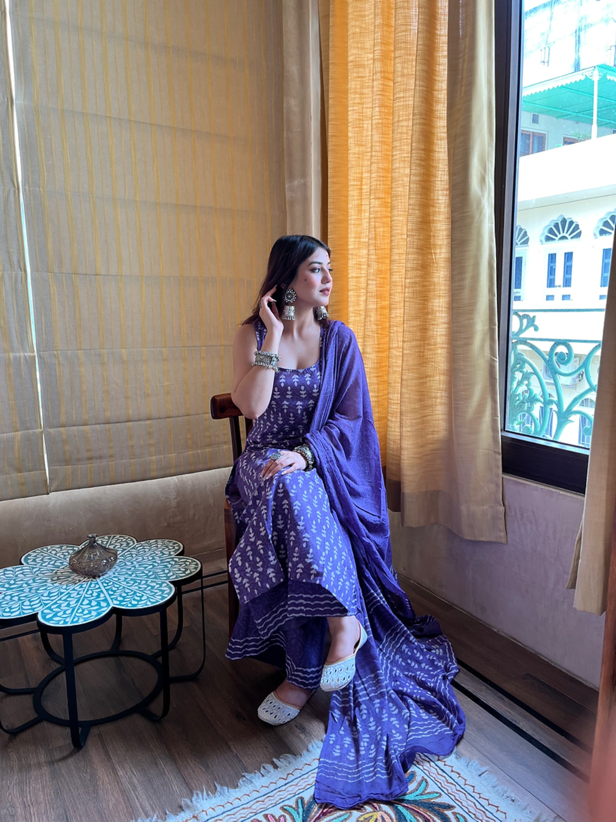 Elegant Purple Rayon Slub Kurti Set with Chanderi Cotton Dupatta | Traditional White Motif Print | 3-Piece Ethnic Set (S–XXL)
