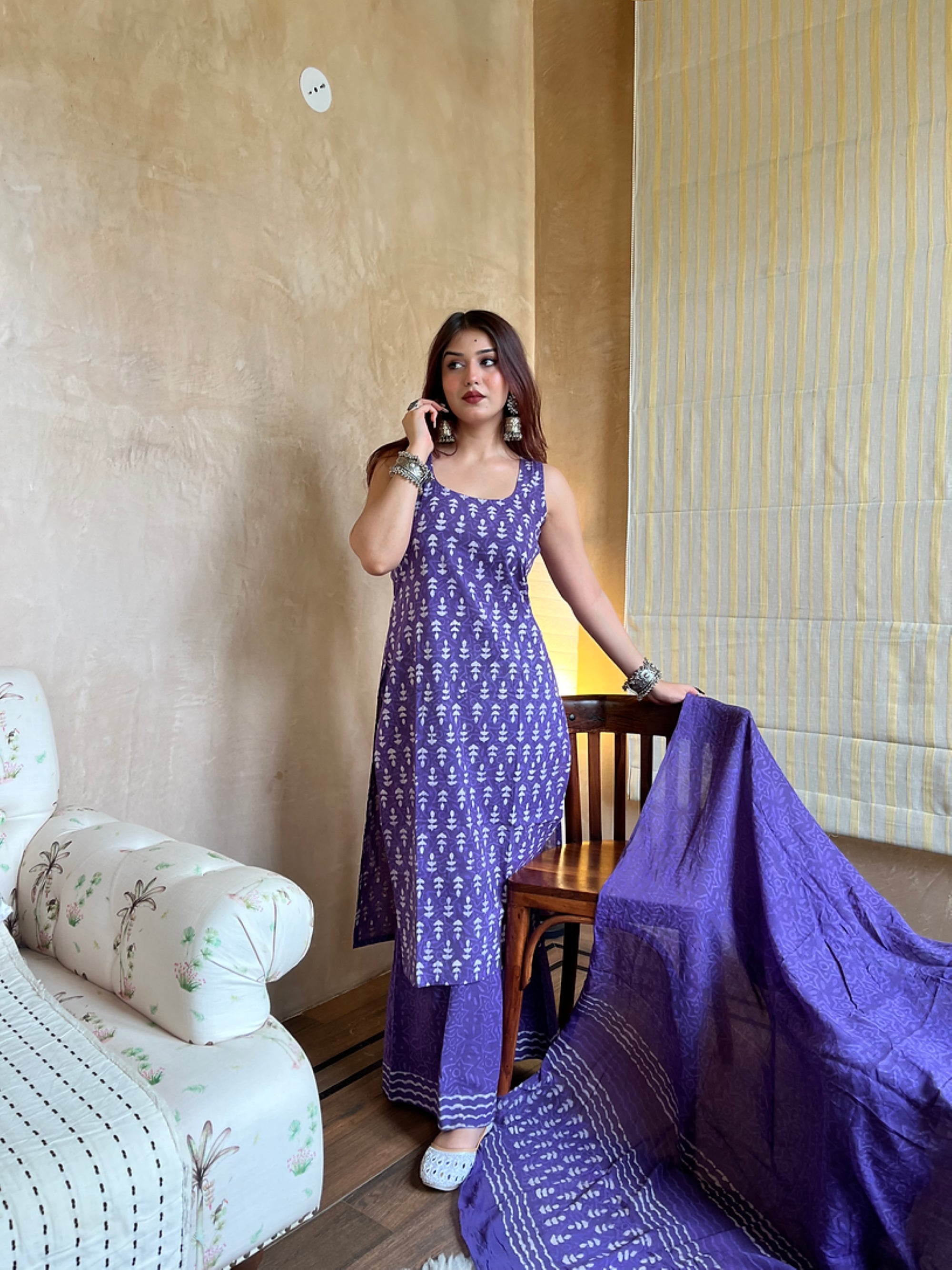 Elegant Purple Rayon Slub Kurti Set with Chanderi Cotton Dupatta | Traditional White Motif Print | 3-Piece Ethnic Set (S–XXL)