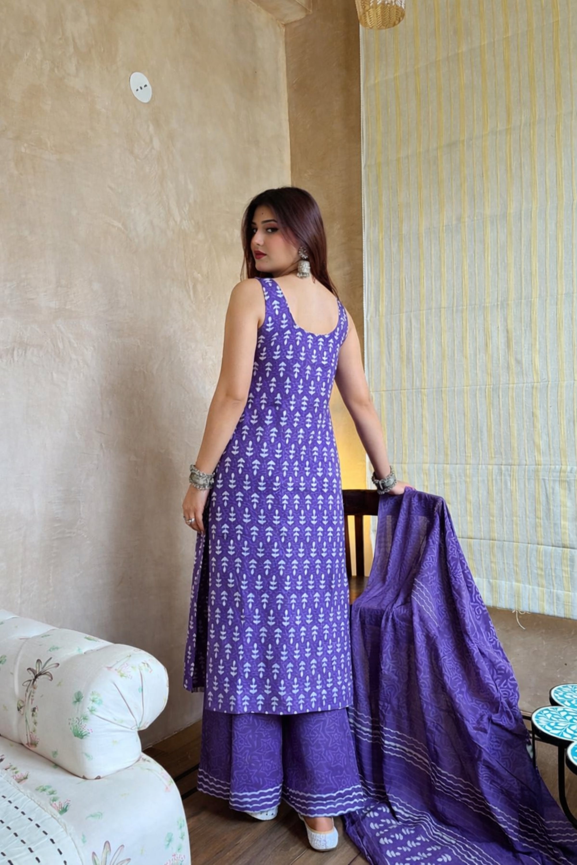 Elegant Purple Rayon Slub Kurti Set with Chanderi Cotton Dupatta | Traditional White Motif Print | 3-Piece Ethnic Set (S–XXL)