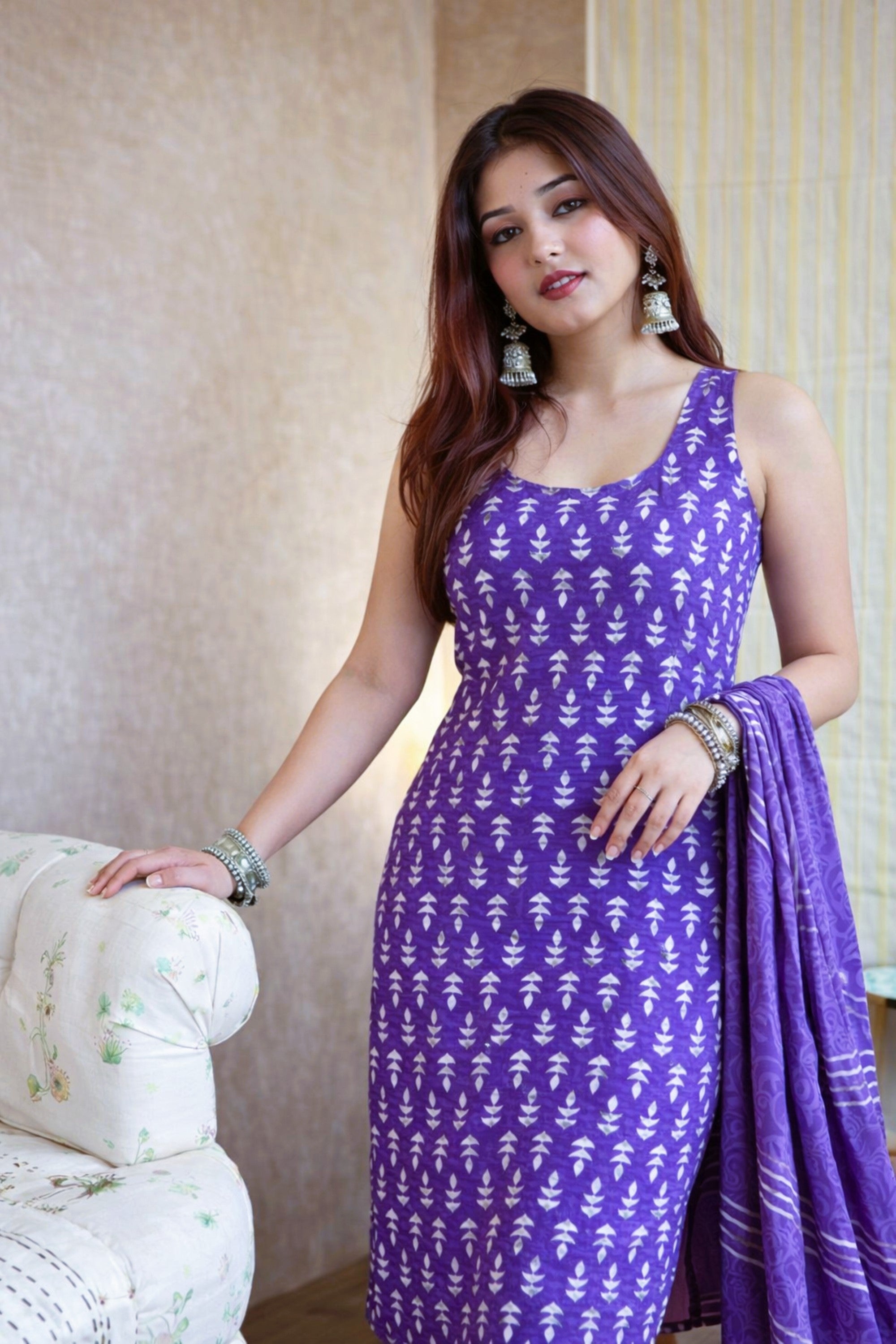 Elegant Purple Rayon Slub Kurti Set with Chanderi Cotton Dupatta | Traditional White Motif Print | 3-Piece Ethnic Set (S–XXL)