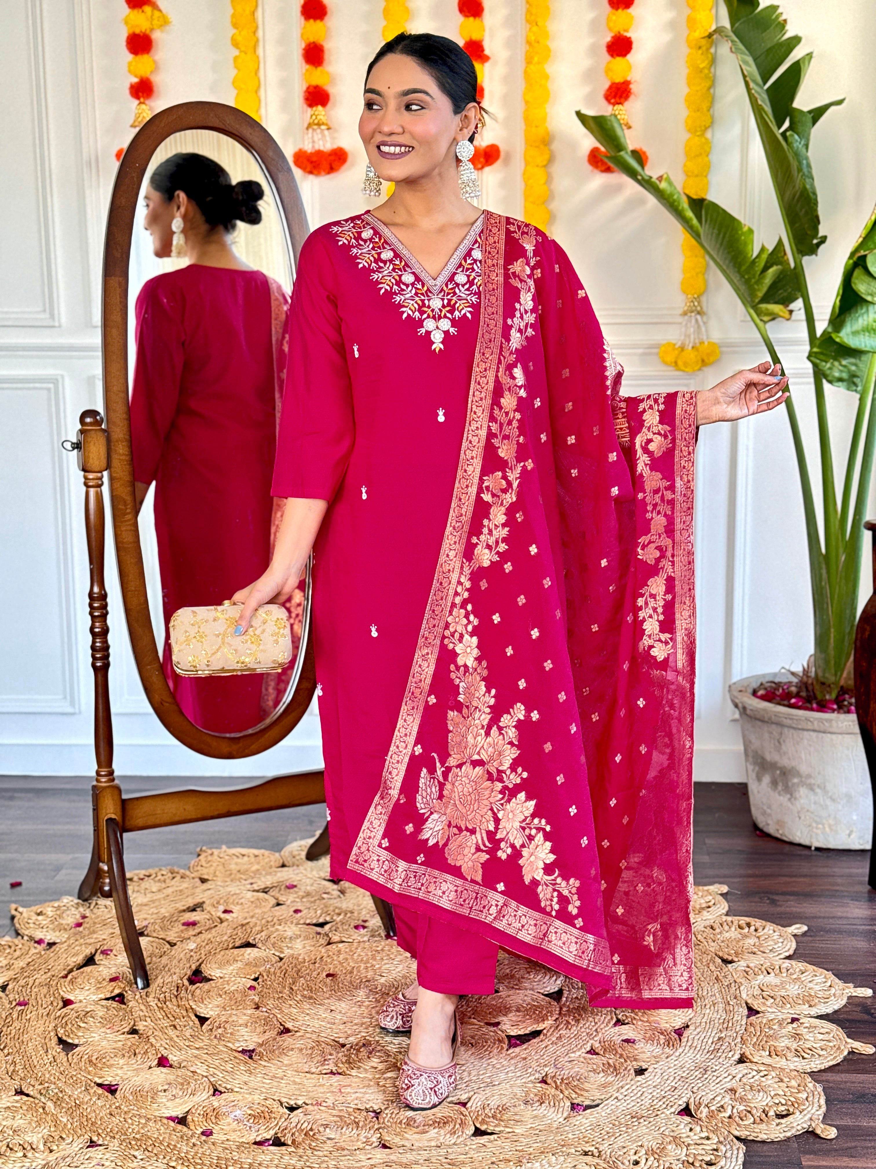 Elegant Wine Pink Embroidered Viscose Chanderi Kurti Set with Jacquard Dupatta | Festive & Party Wear (S–XXL)