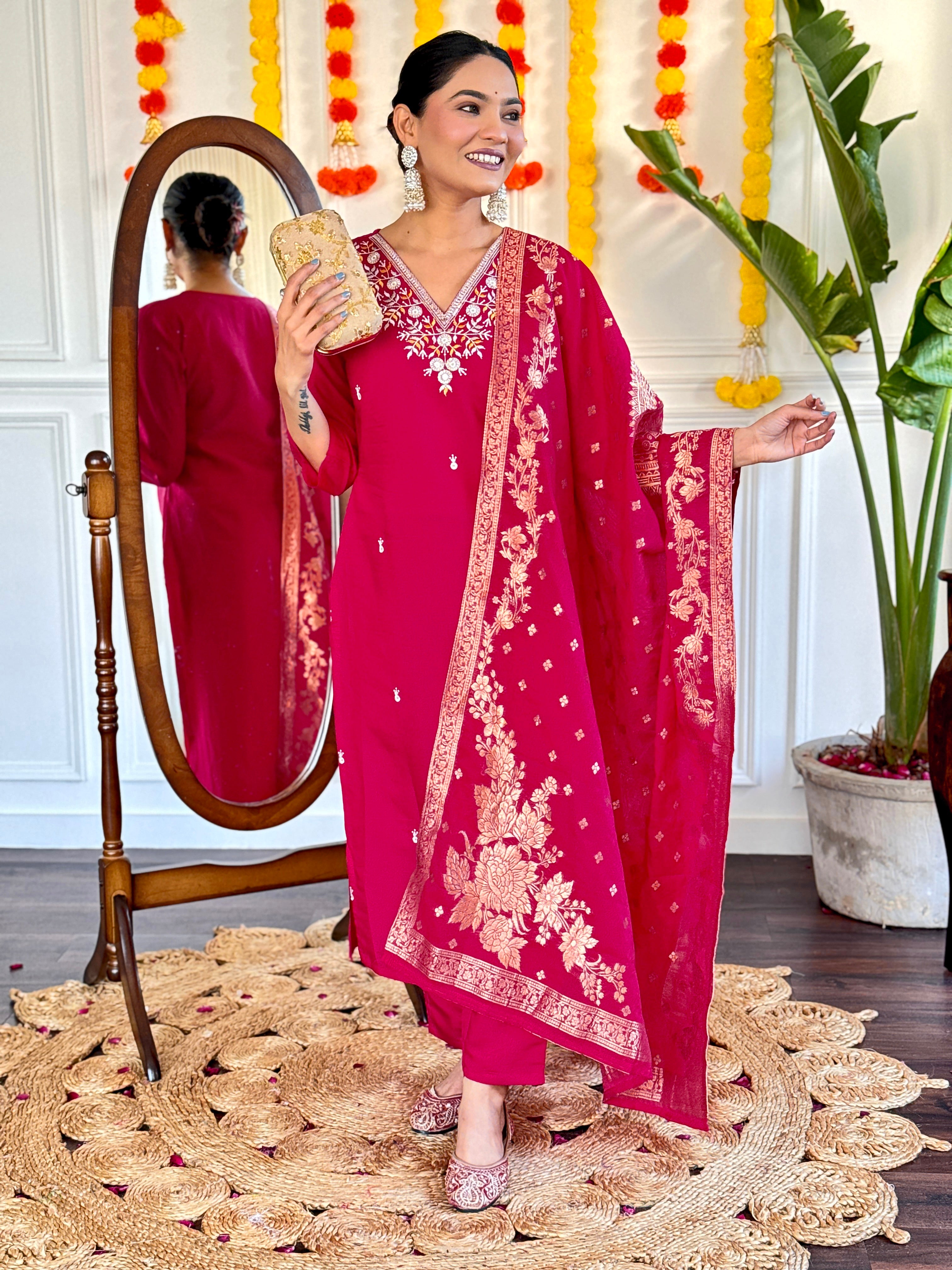 Elegant Wine Pink Embroidered Viscose Chanderi Kurti Set with Jacquard Dupatta | Festive & Party Wear (S–XXL)