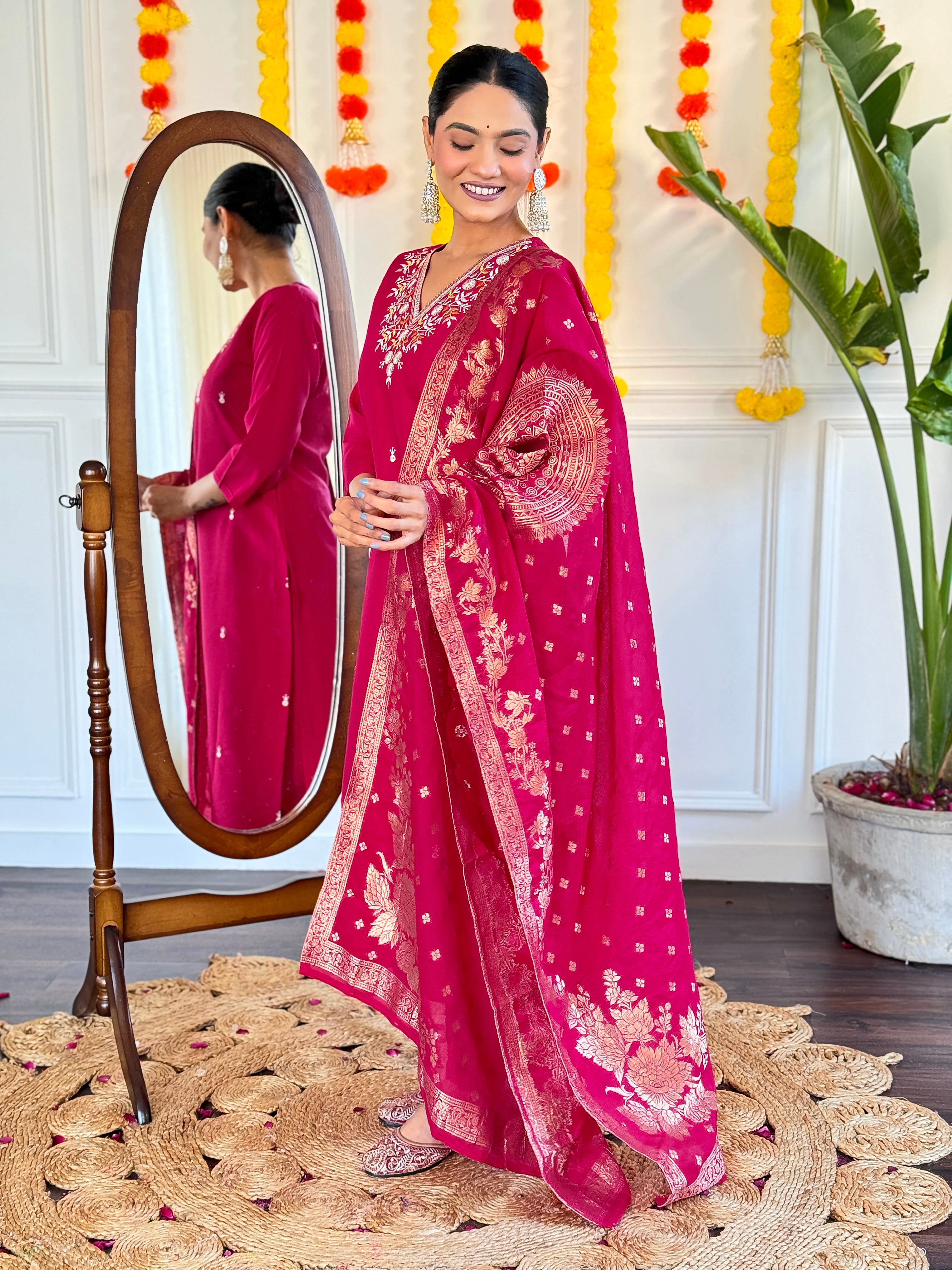 Elegant Wine Pink Embroidered Viscose Chanderi Kurti Set with Jacquard Dupatta | Festive & Party Wear (S–XXL)