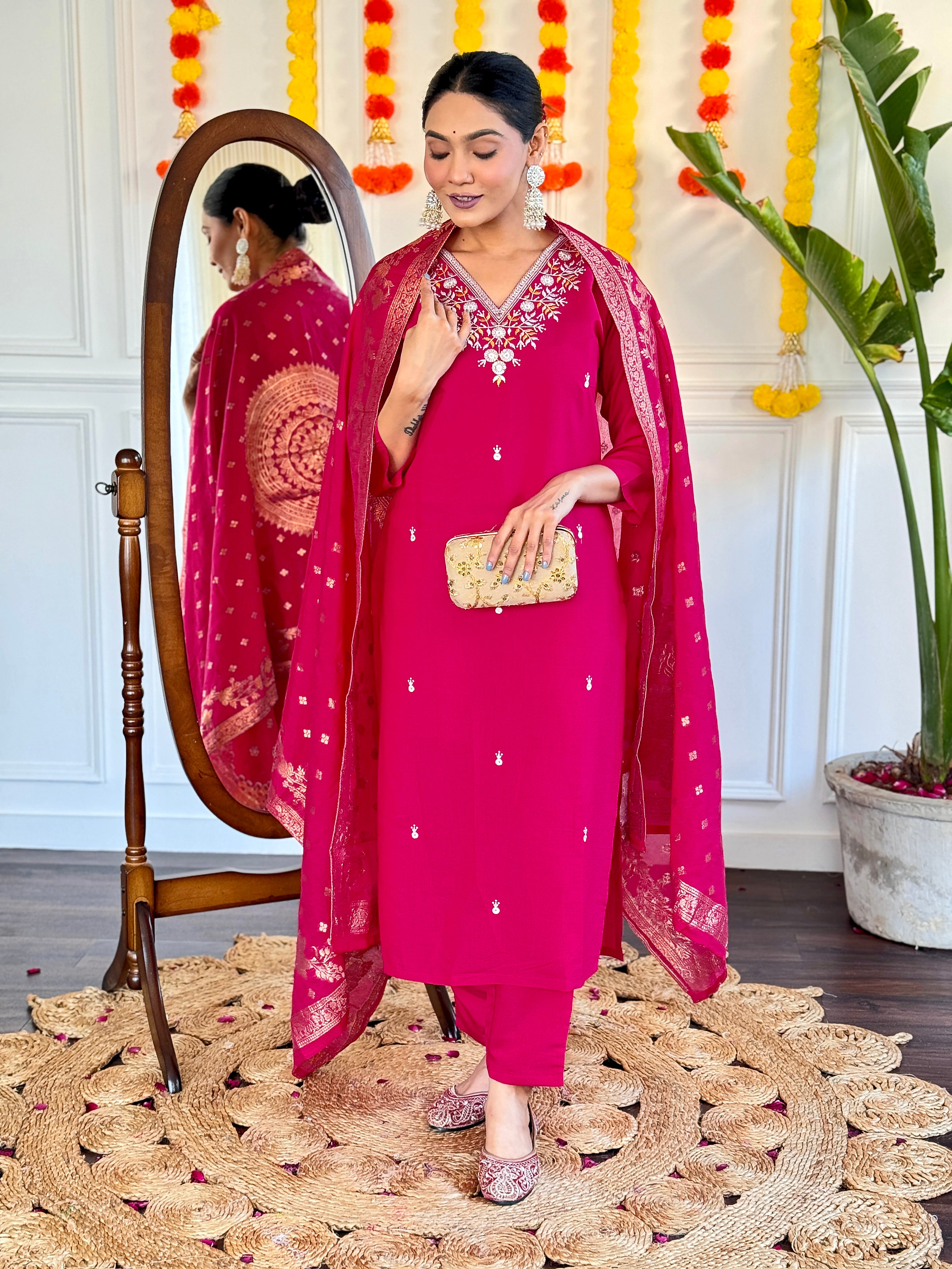 Elegant Wine Pink Embroidered Viscose Chanderi Kurti Set with Jacquard Dupatta | Festive & Party Wear (S–XXL)