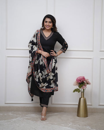 Elegant Black Viscose Silk Embroidered Kurti Set with Chinon Dupatta (3-Piece Set)