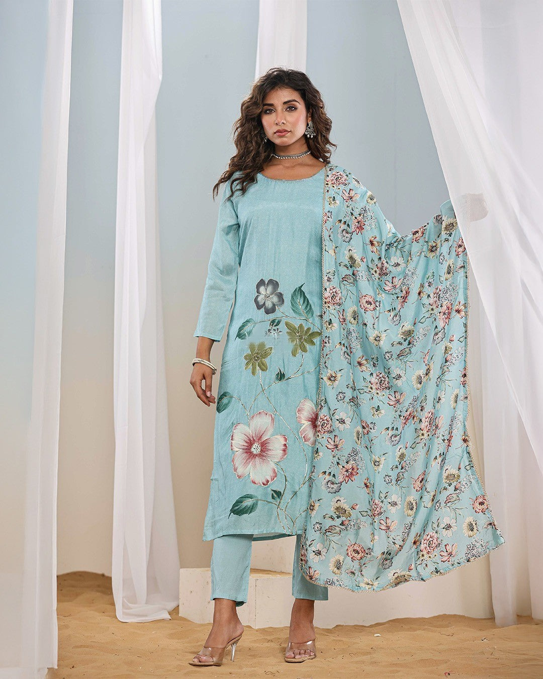 Elegant Sky Blue Floral Embroidered Kurti Set with Dupatta – Premium French Crepe | Festive & Casual Wear (S–XXL)