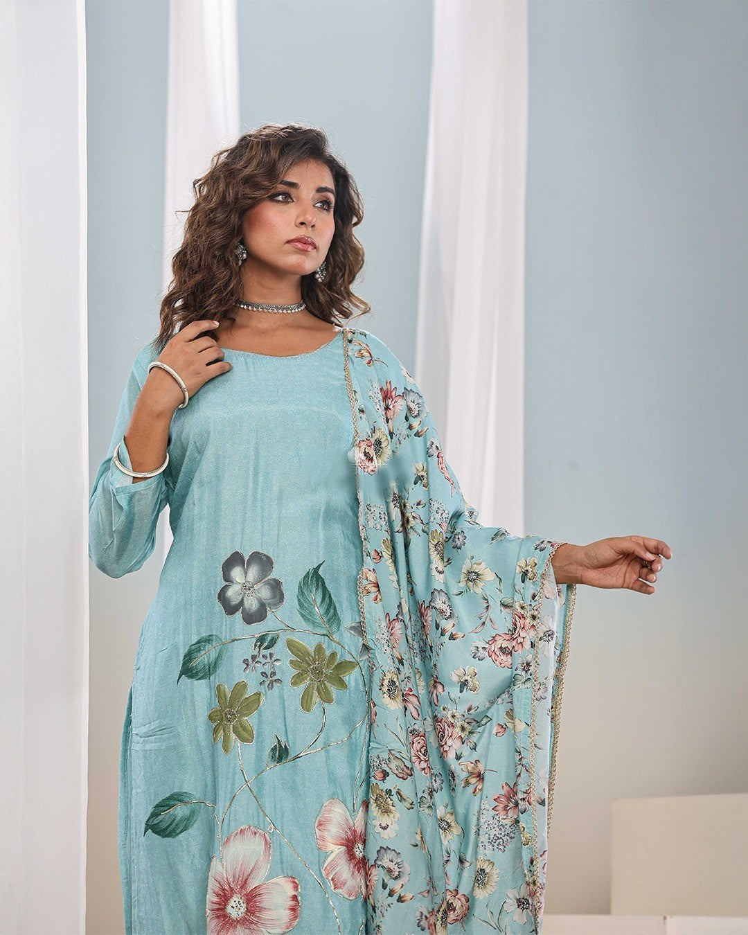Elegant Sky Blue Floral Embroidered Kurti Set with Dupatta – Premium French Crepe | Festive & Casual Wear (S–XXL)