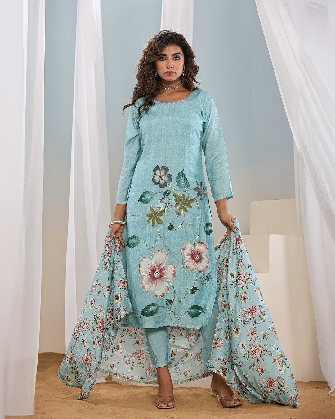 Elegant Sky Blue Floral Embroidered Kurti Set with Dupatta – Premium French Crepe | Festive & Casual Wear (S–XXL)