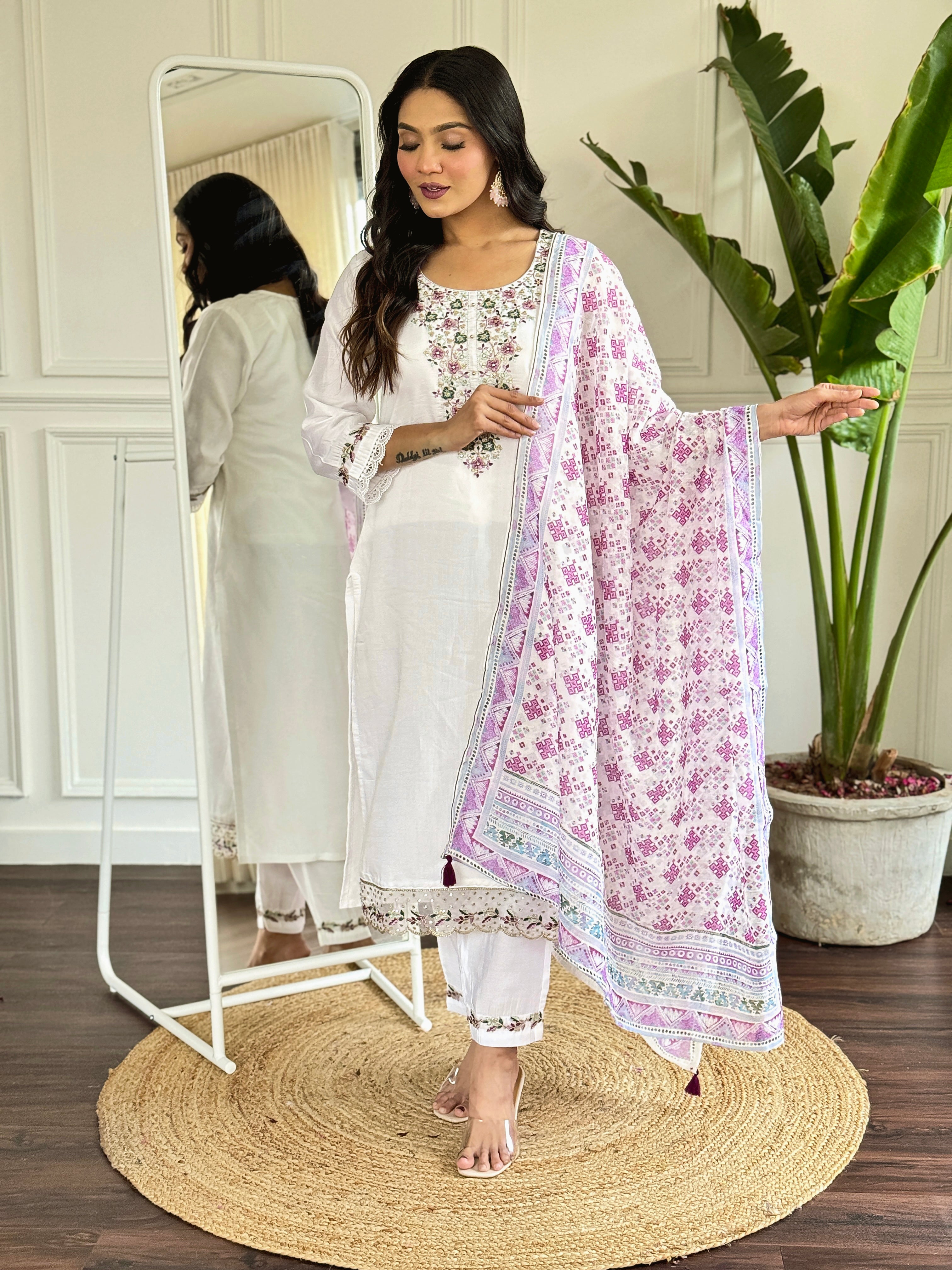 Elegant White Viscose Chanderi Embroidered Kurti Set with Printed Dupatta (3-Piece Set)