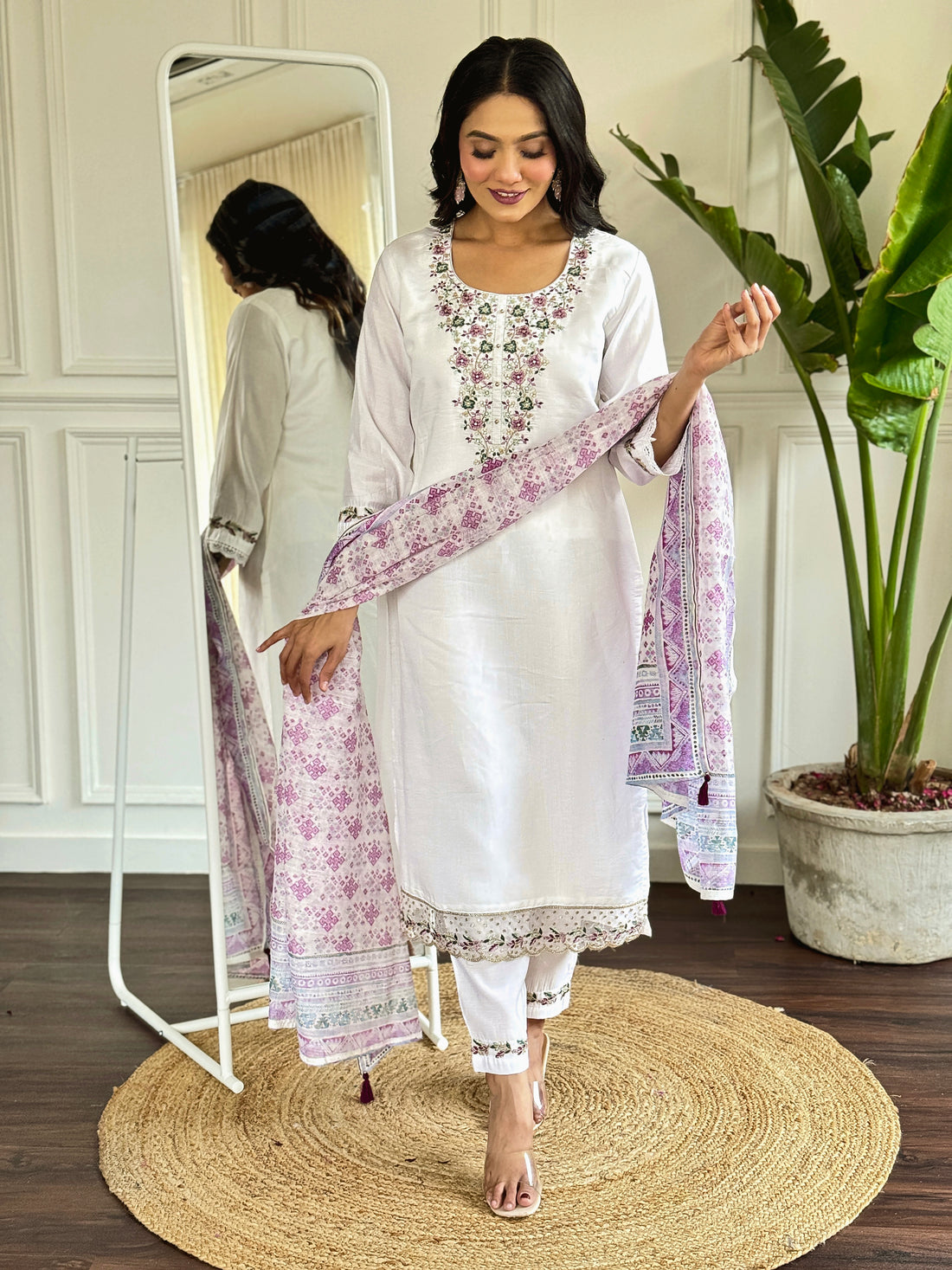 Elegant White Viscose Chanderi Embroidered Kurti Set with Printed Dupatta (3-Piece Set)