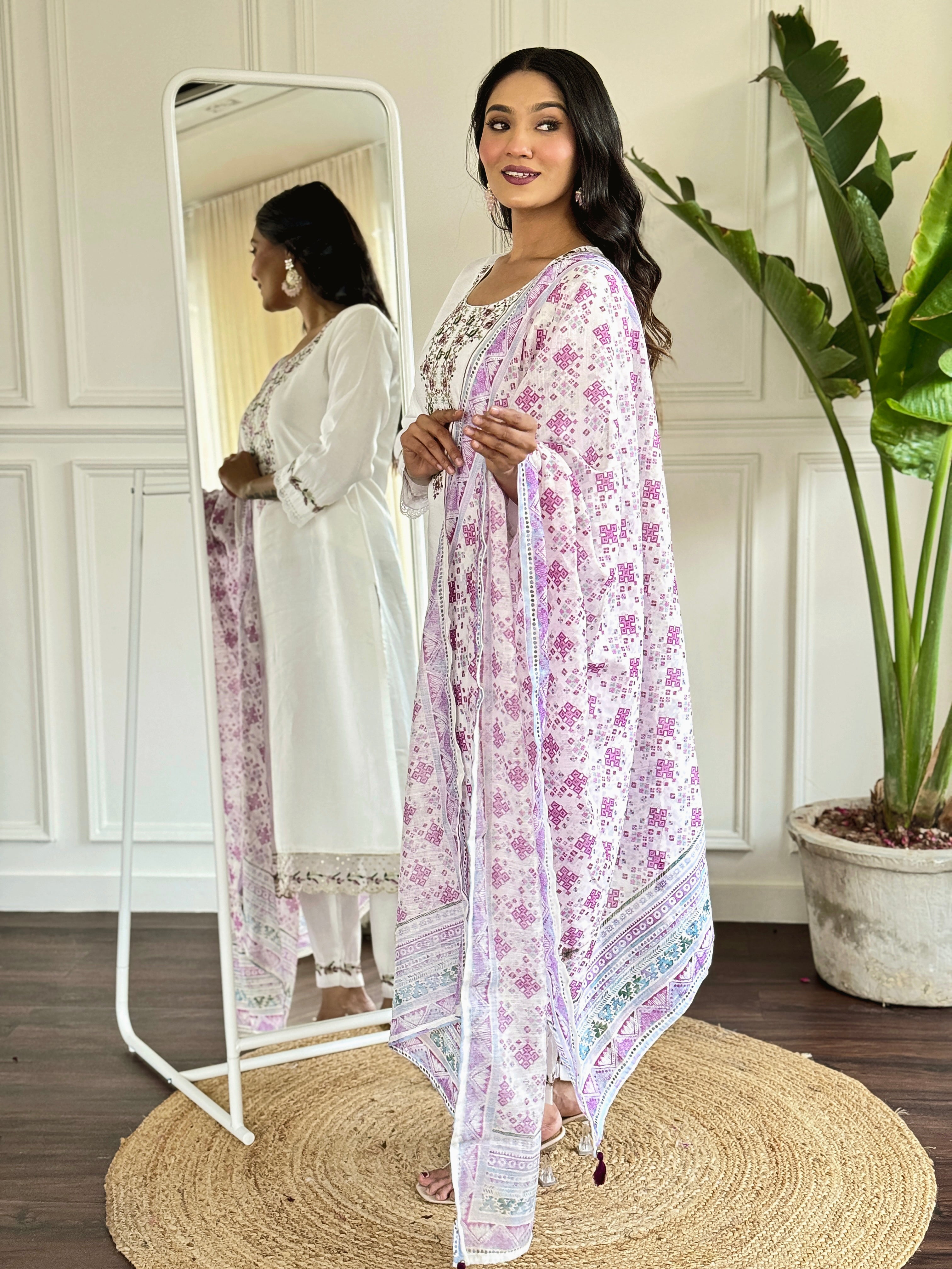 Elegant White Viscose Chanderi Embroidered Kurti Set with Printed Dupatta (3-Piece Set)