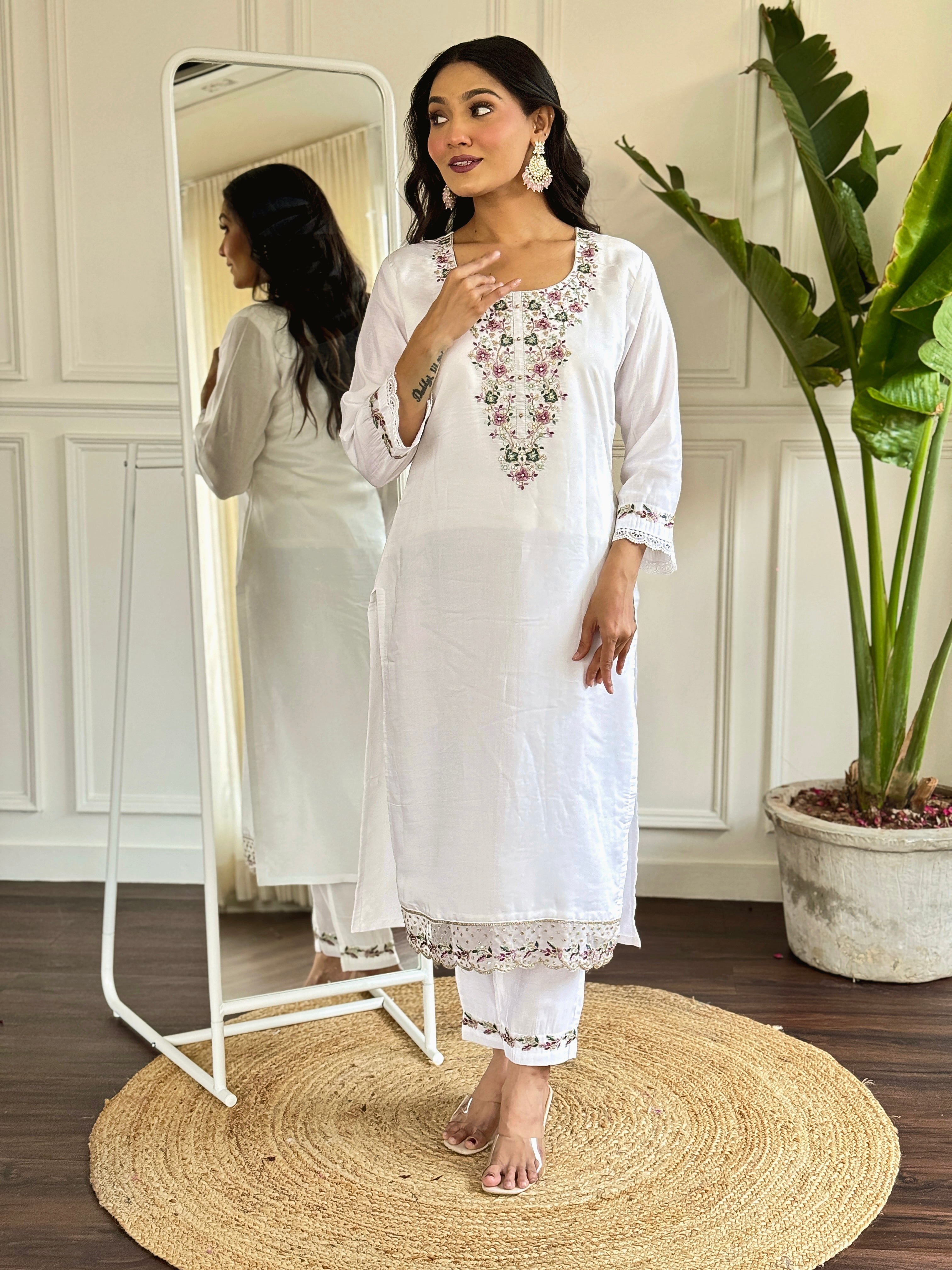 Elegant White Viscose Chanderi Embroidered Kurti Set with Printed Dupatta (3-Piece Set)