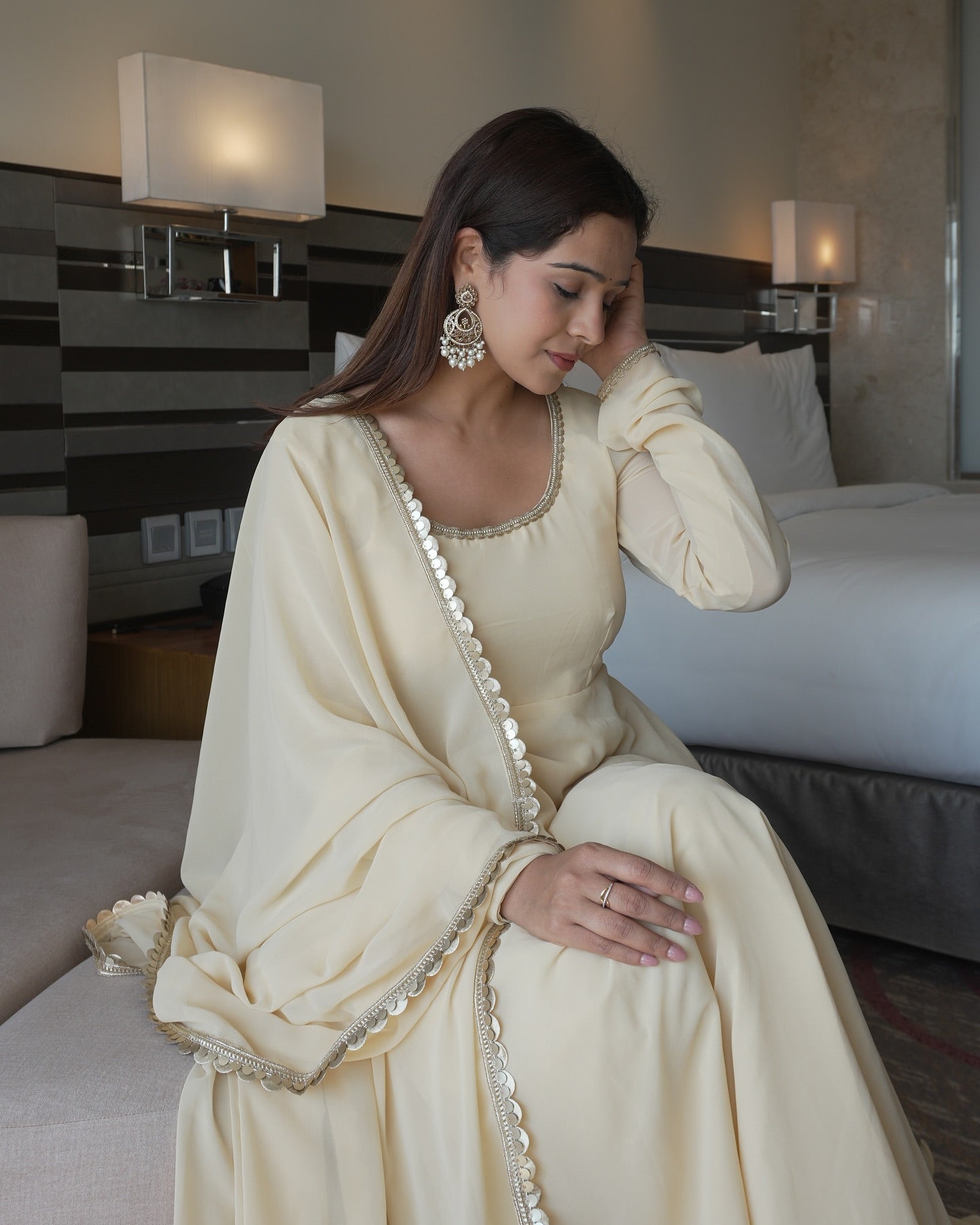 Elegant Cream Embroidered Georgette Kurti Set with Dupatta – Festive & Party Wear (S–XXL)