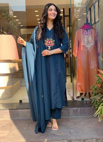 Elegant Teal Rayon Slub Embroidered Kurti Set with Chanderi Dupatta (3-Piece Set)
