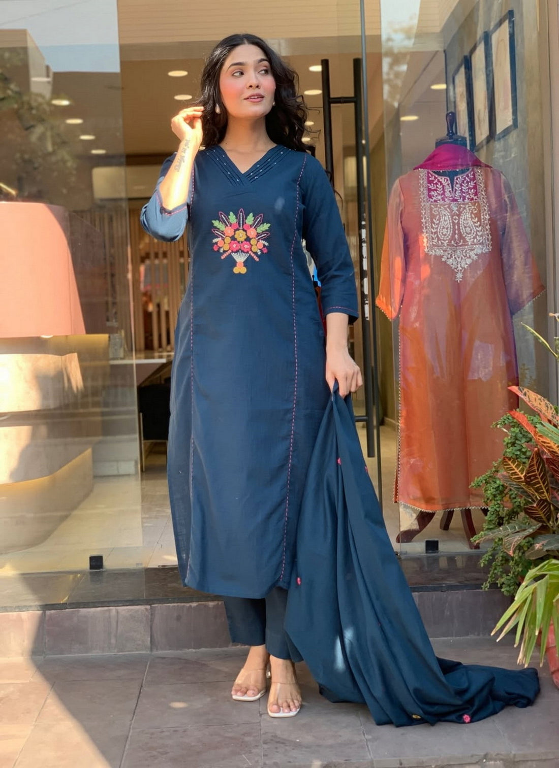 Elegant Teal Rayon Slub Embroidered Kurti Set with Chanderi Dupatta (3-Piece Set)