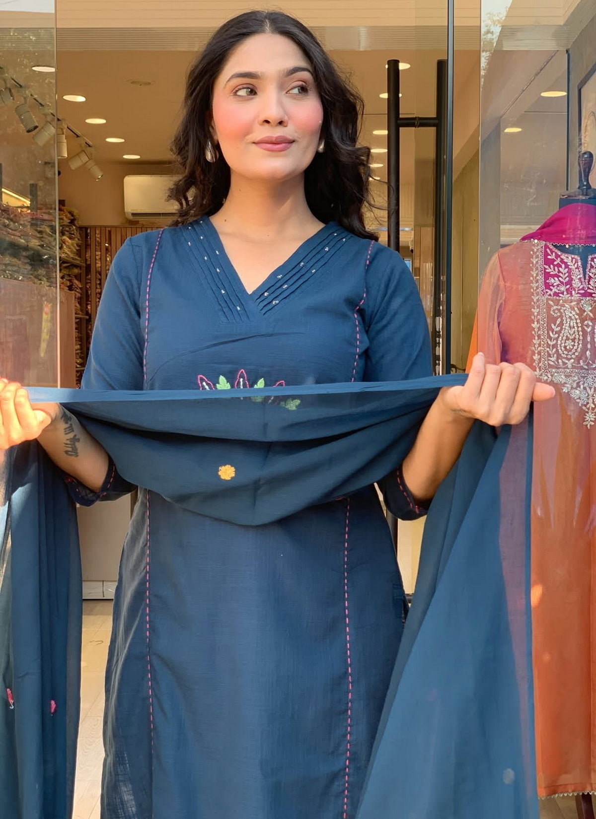Elegant Teal Rayon Slub Embroidered Kurti Set with Chanderi Dupatta (3-Piece Set)