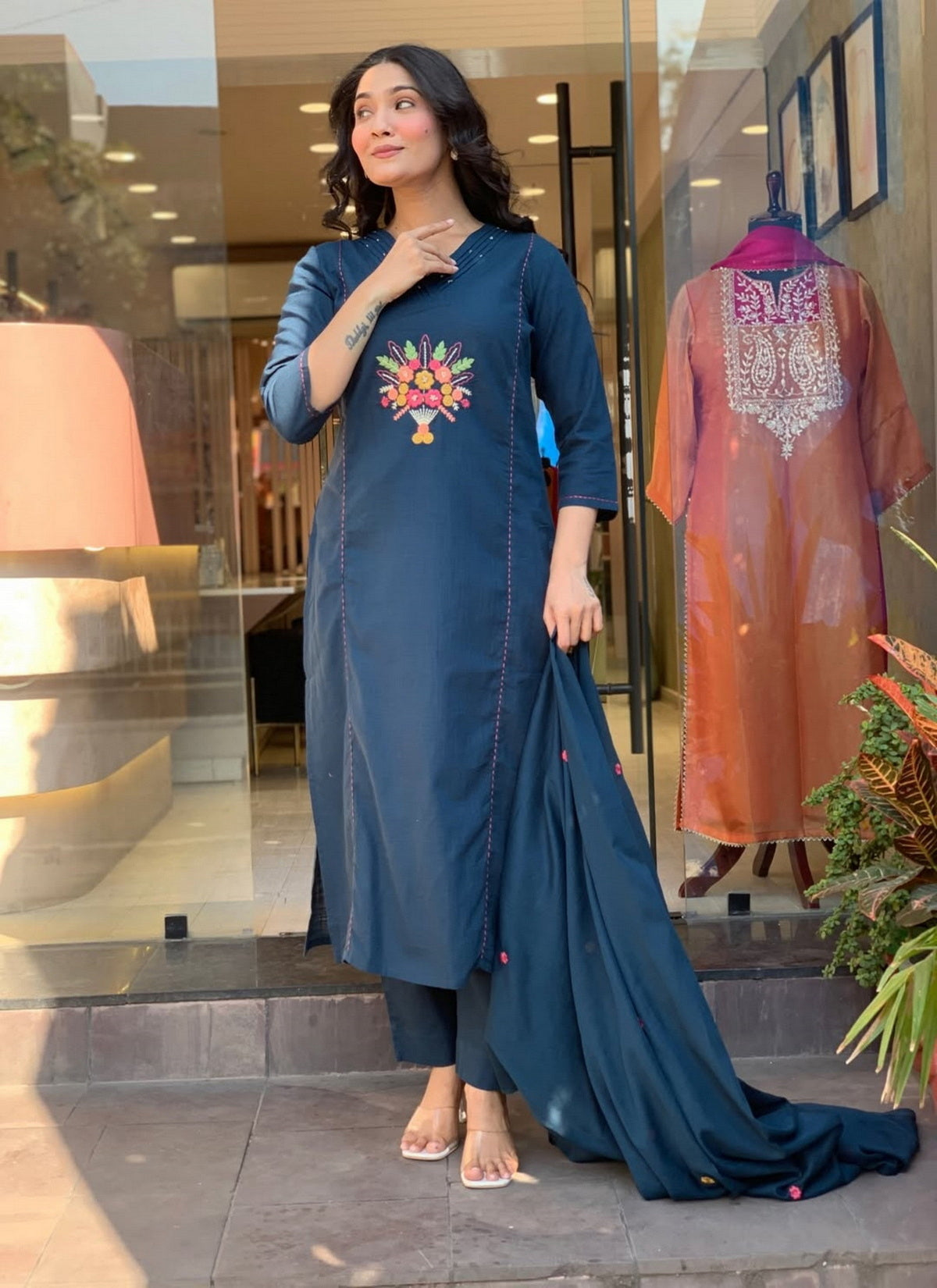 Elegant Teal Rayon Slub Embroidered Kurti Set with Chanderi Dupatta (3-Piece Set)