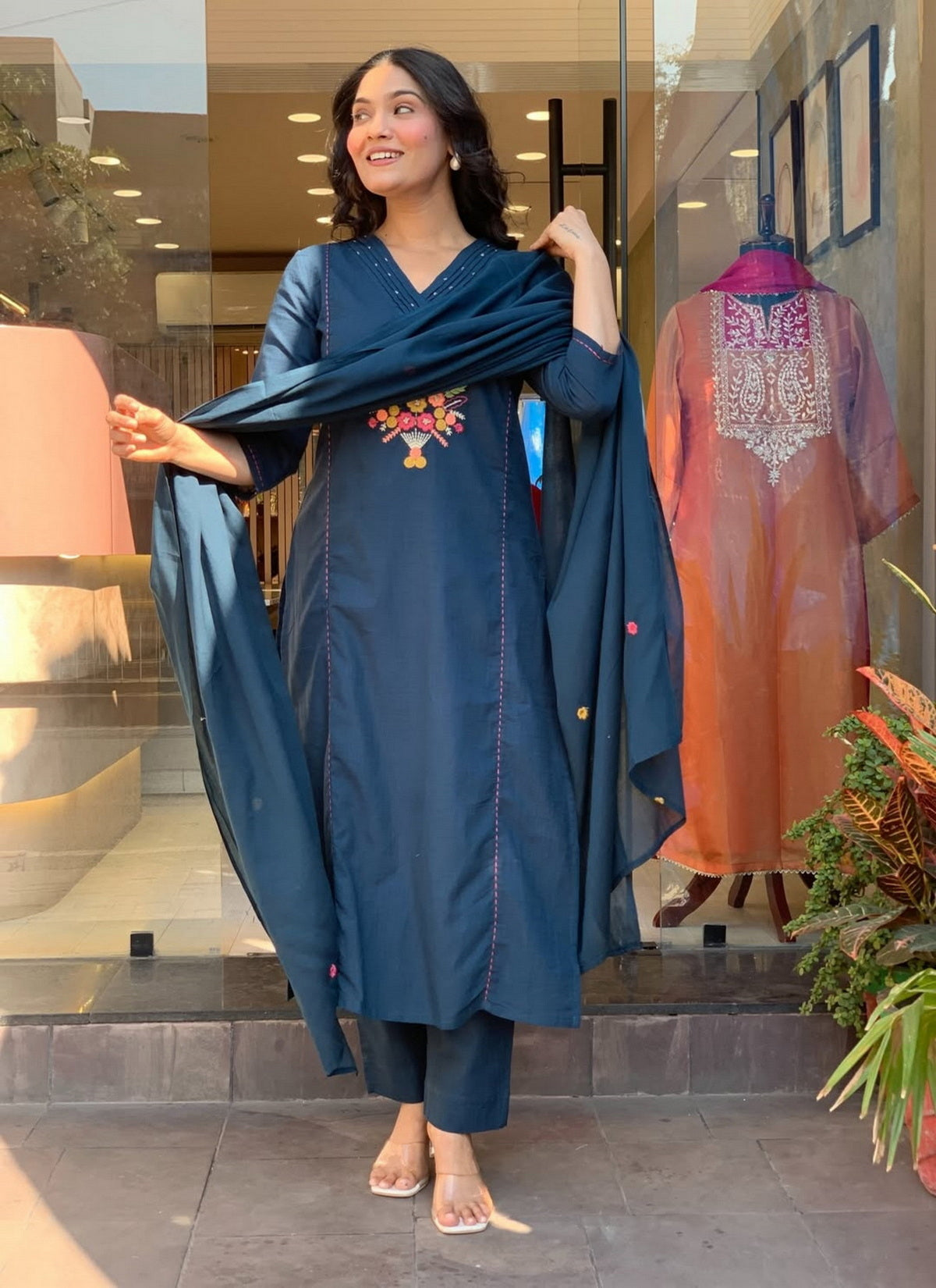 Elegant Teal Rayon Slub Embroidered Kurti Set with Chanderi Dupatta (3-Piece Set)