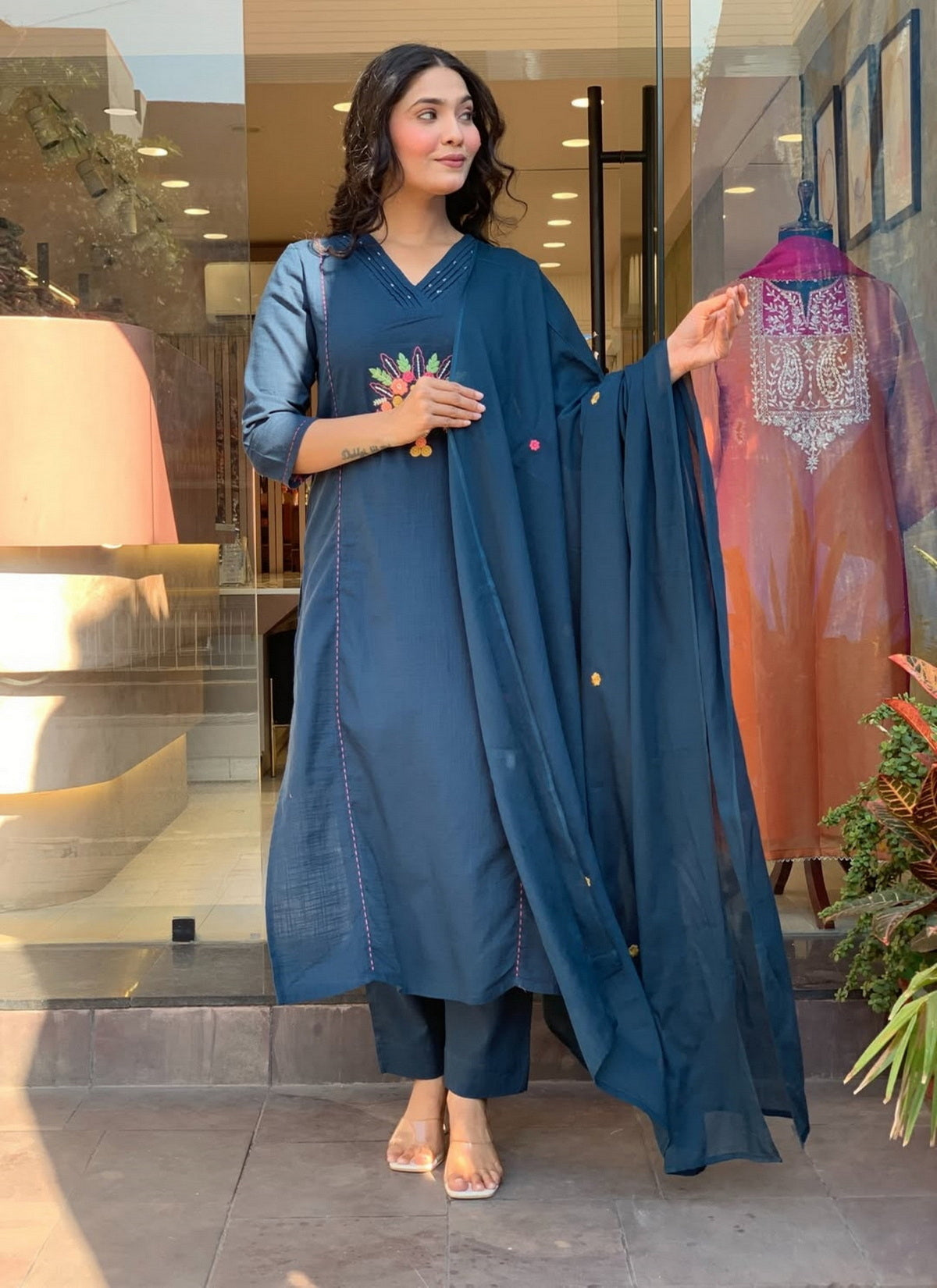 Elegant Teal Rayon Slub Embroidered Kurti Set with Chanderi Dupatta (3-Piece Set)